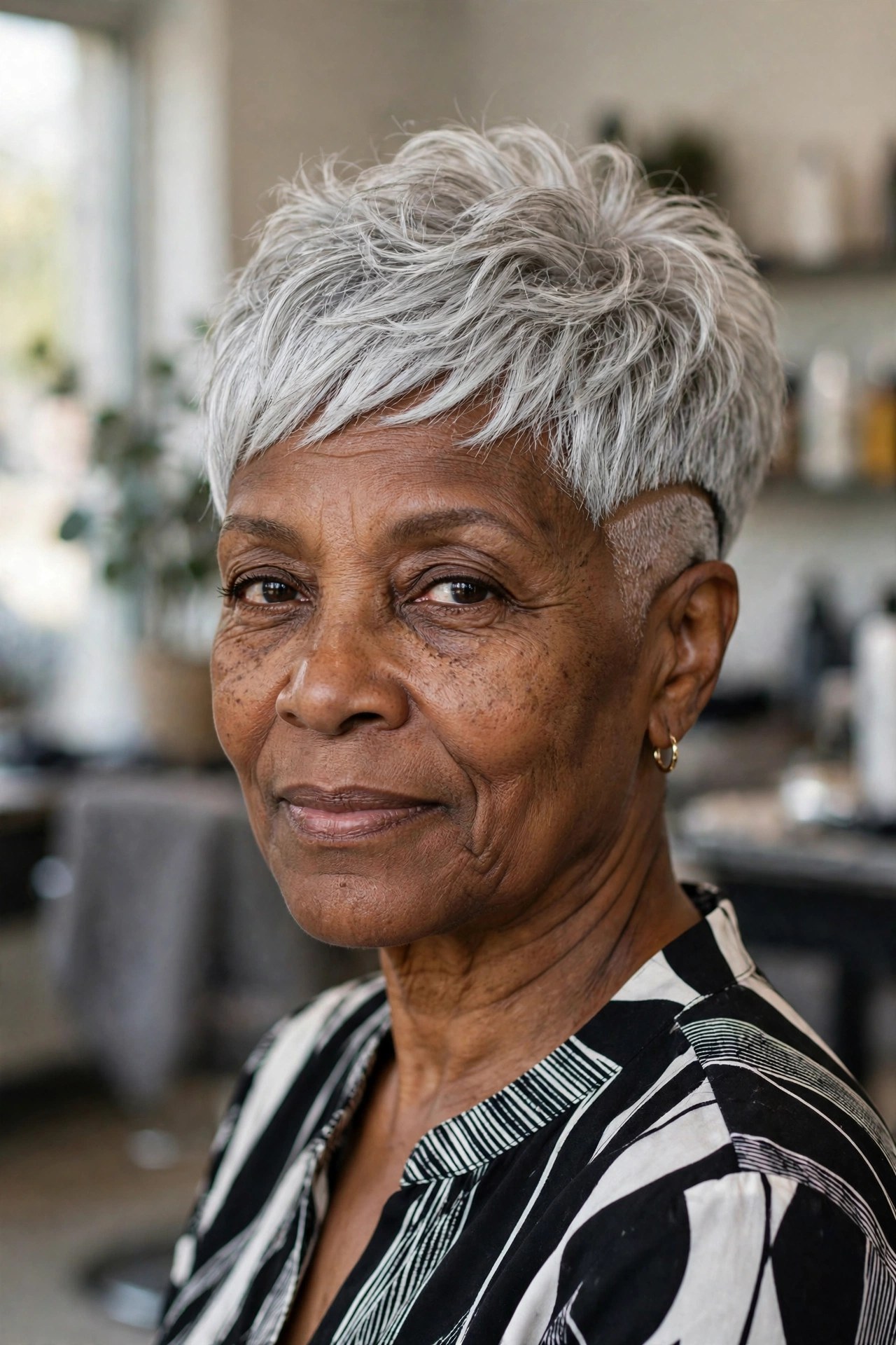 Silver Undercut Pixie - short gray haircut for Black woman over 50