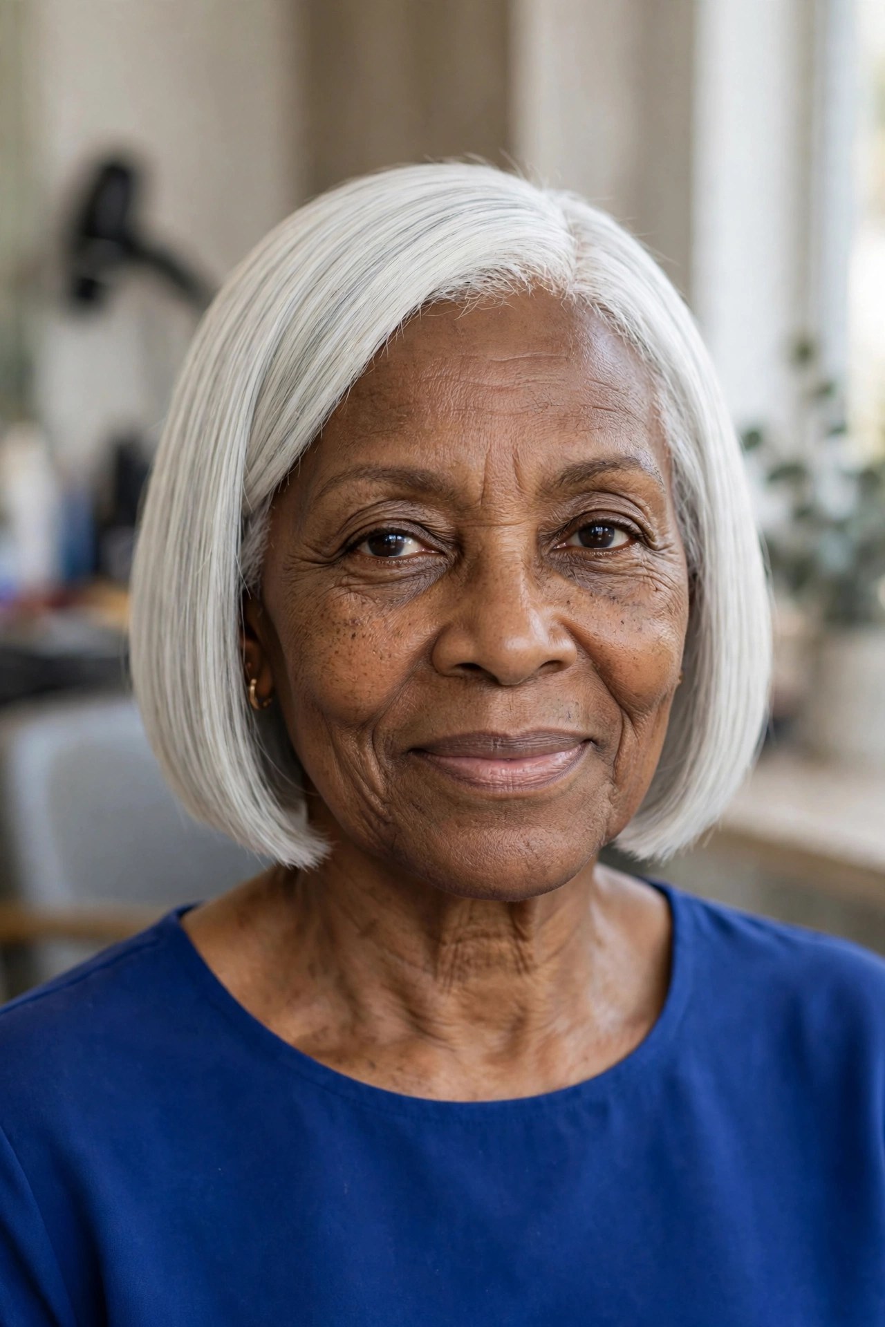 Platinum-Silver Blunt Bob - short gray haircut for Black woman over 50