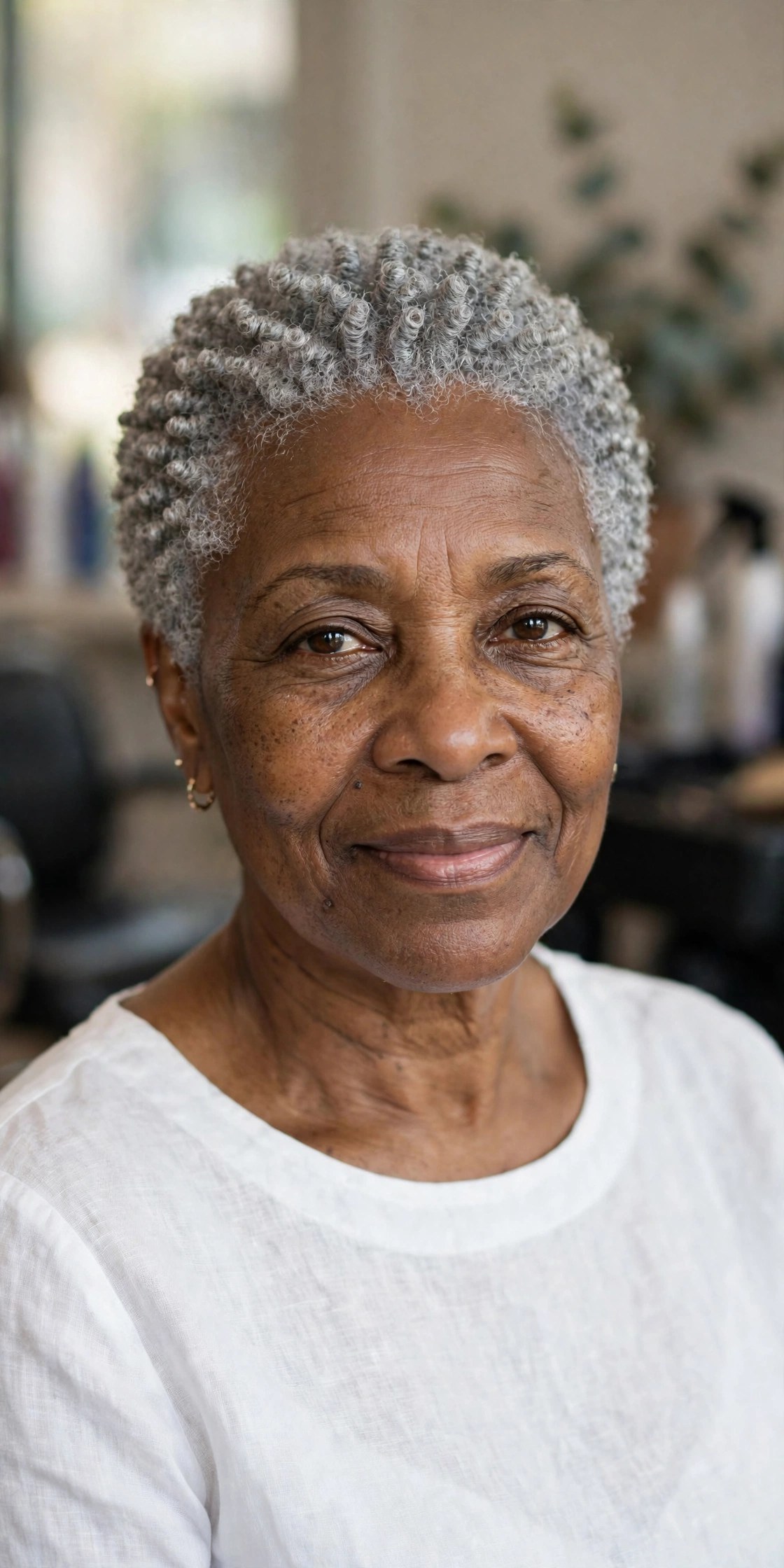 Gray Sponge-Curl Cut - short gray haircut for Black woman over 50
