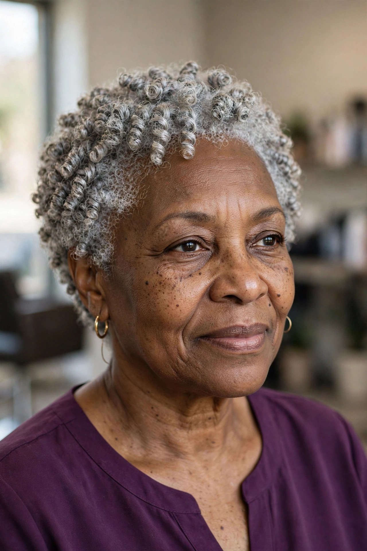 Silver Coil-Out Crop - short gray haircut for Black woman over 50