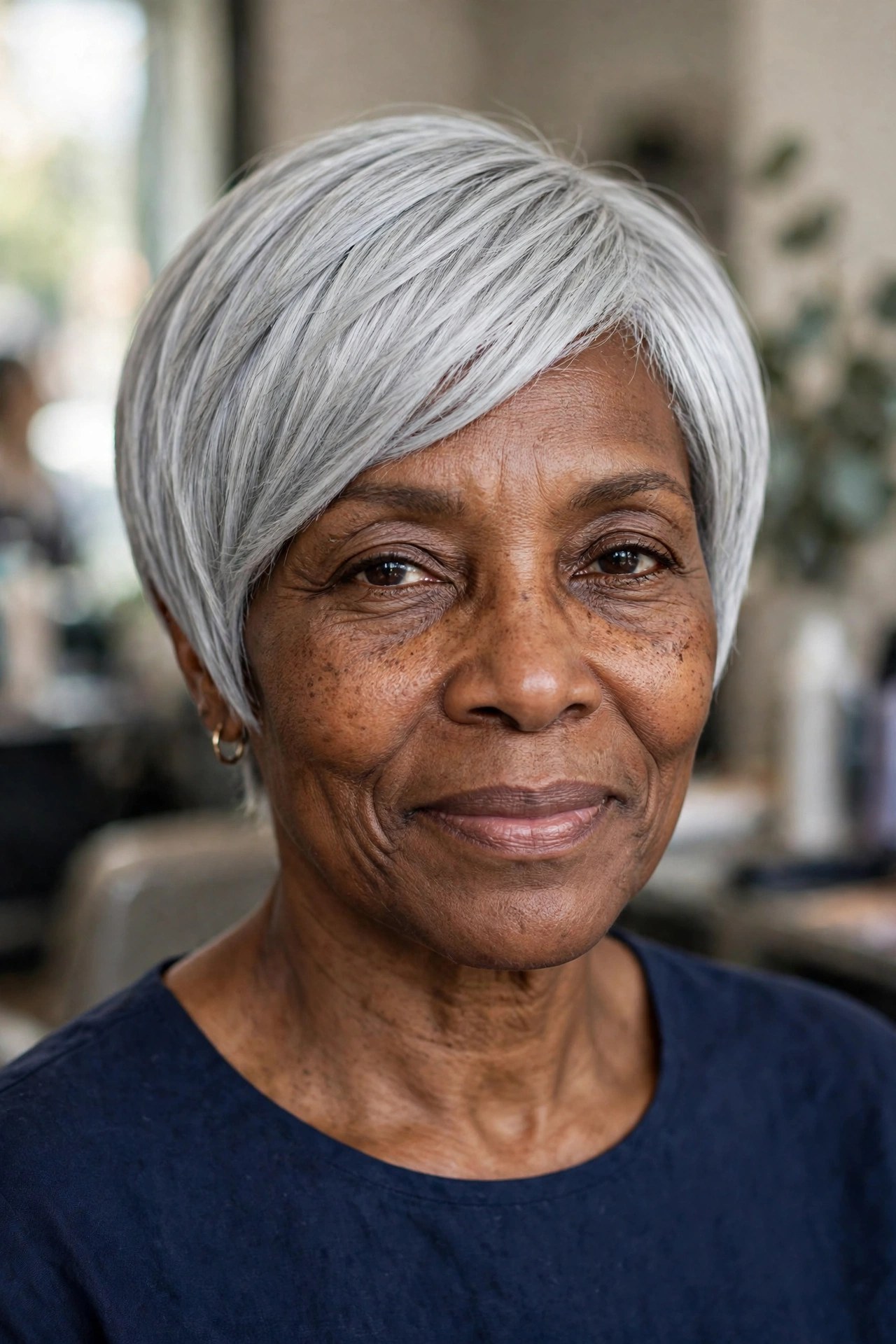 Sleek Silver Pixie Bob (Bixie) - short gray haircut for Black woman over 50