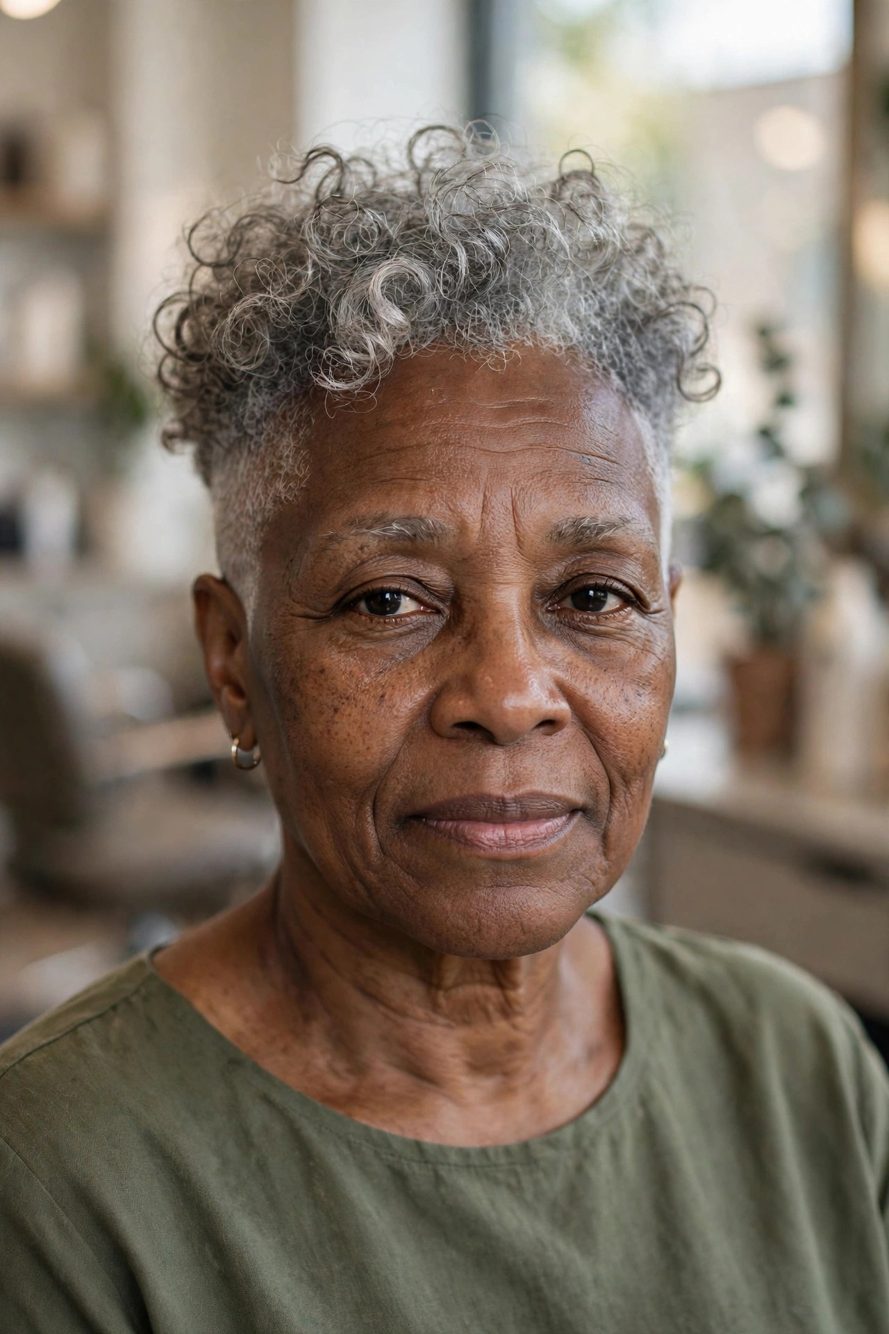 Temple Fade with a Curly Gray Top - short gray haircut for Black woman over 50