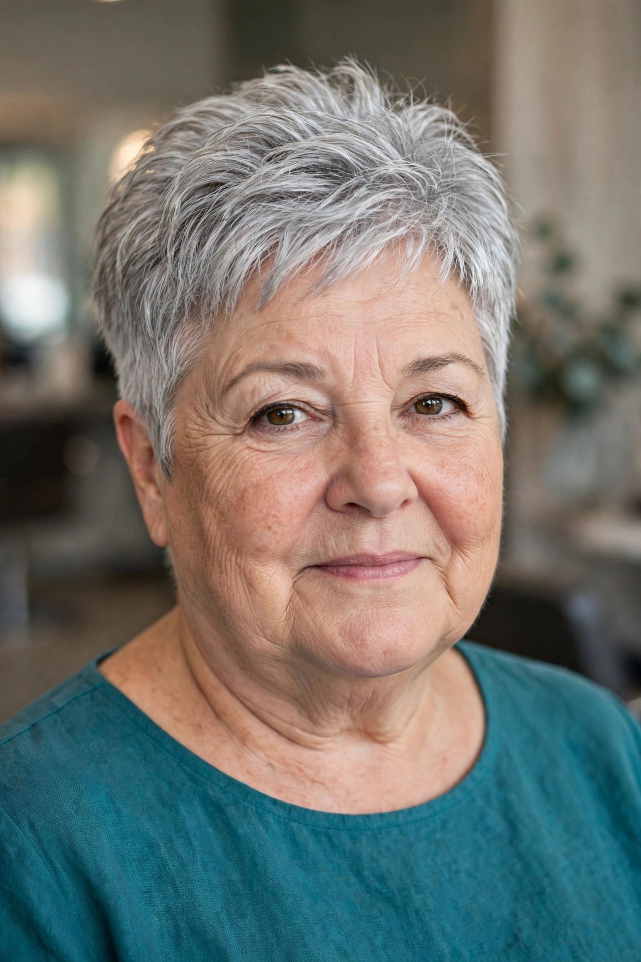 Height-on-Top Pixie with Tapered Sides - short haircut for a woman over 50 with a round face and double chin