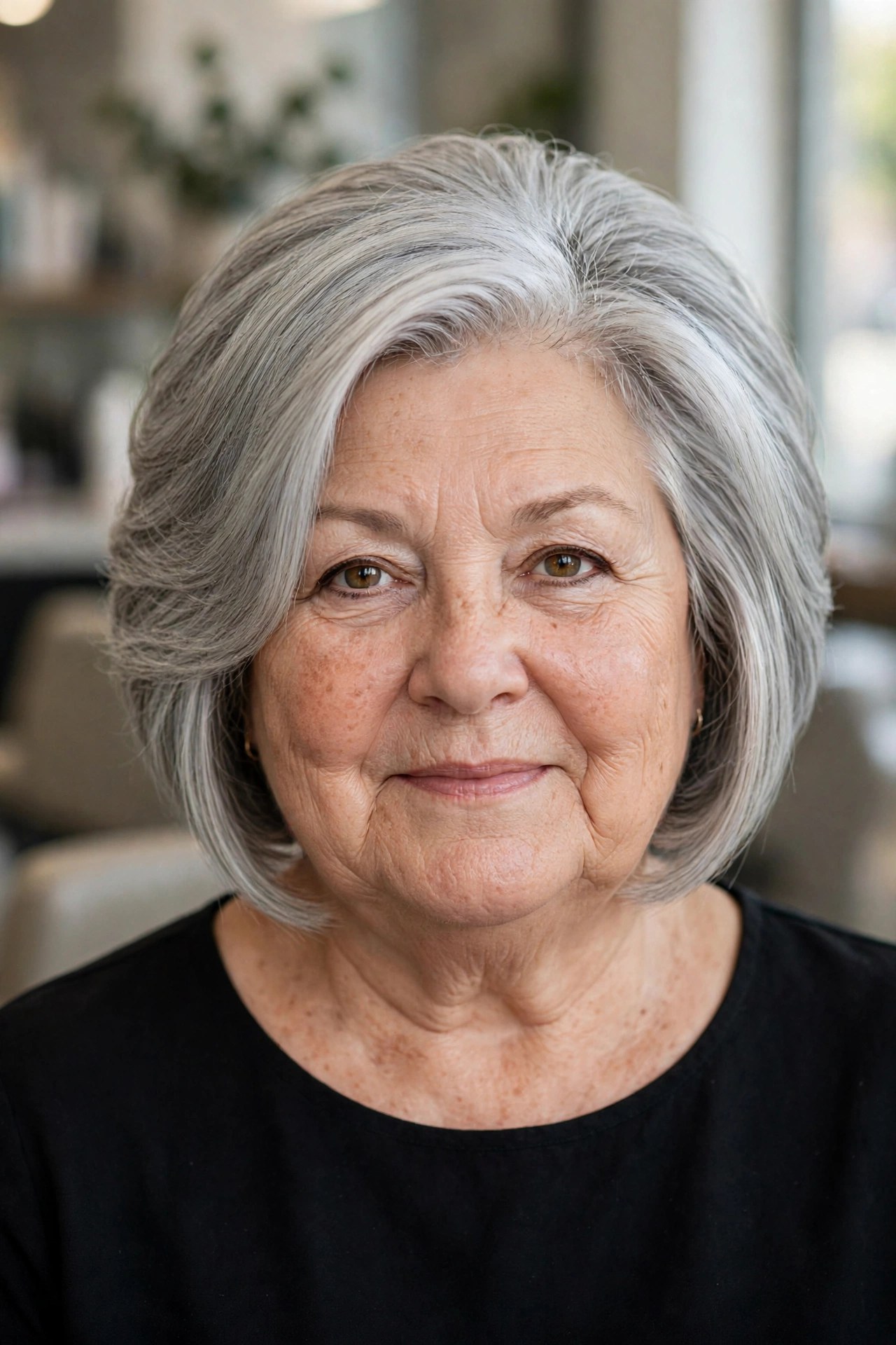 Graduated Stacked Bob with Long Front Pieces - short haircut for a woman over 50 with a round face and double chin