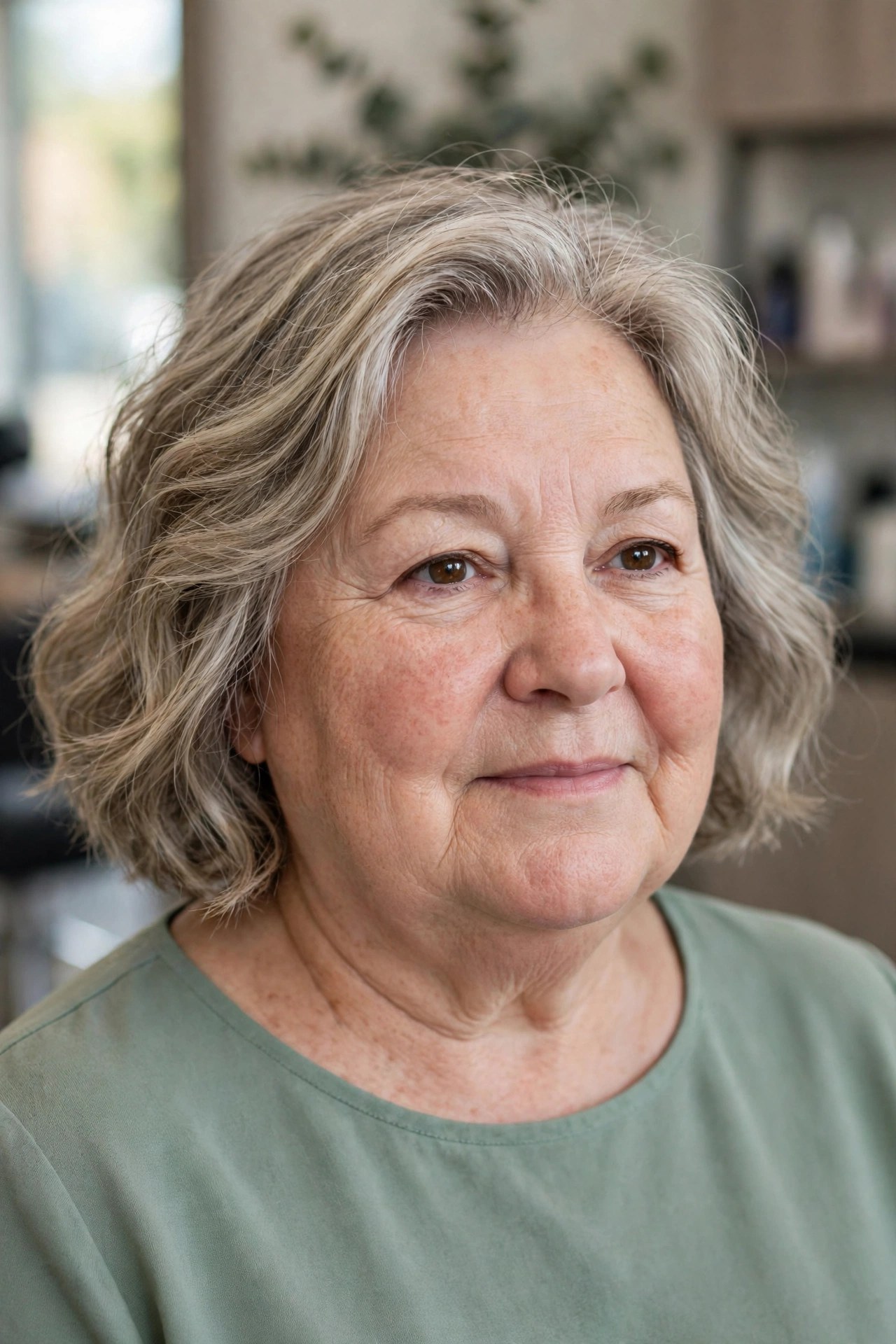 Wavy Bob with Lifted Crown Roots - short haircut for a woman over 50 with a round face and double chin