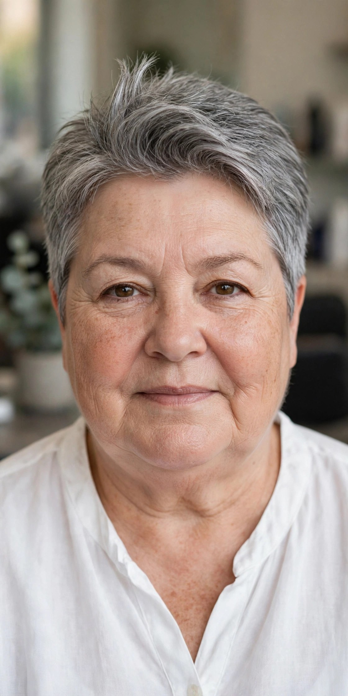 Short Crop with a Lifted Quiff Front - short haircut for a woman over 50 with a round face and double chin