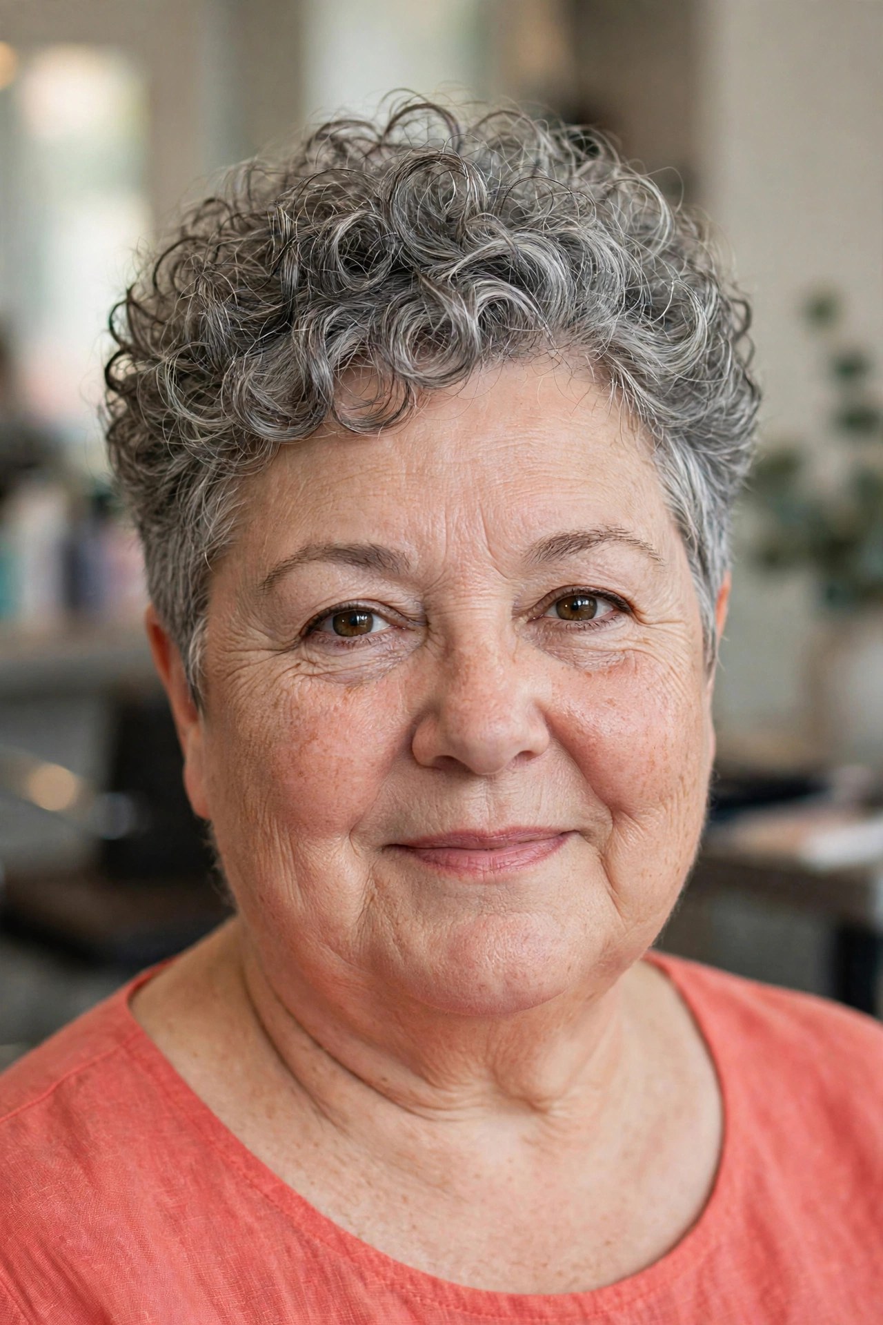 Curly Pixie with Height on Top - short haircut for a woman over 50 with a round face and double chin