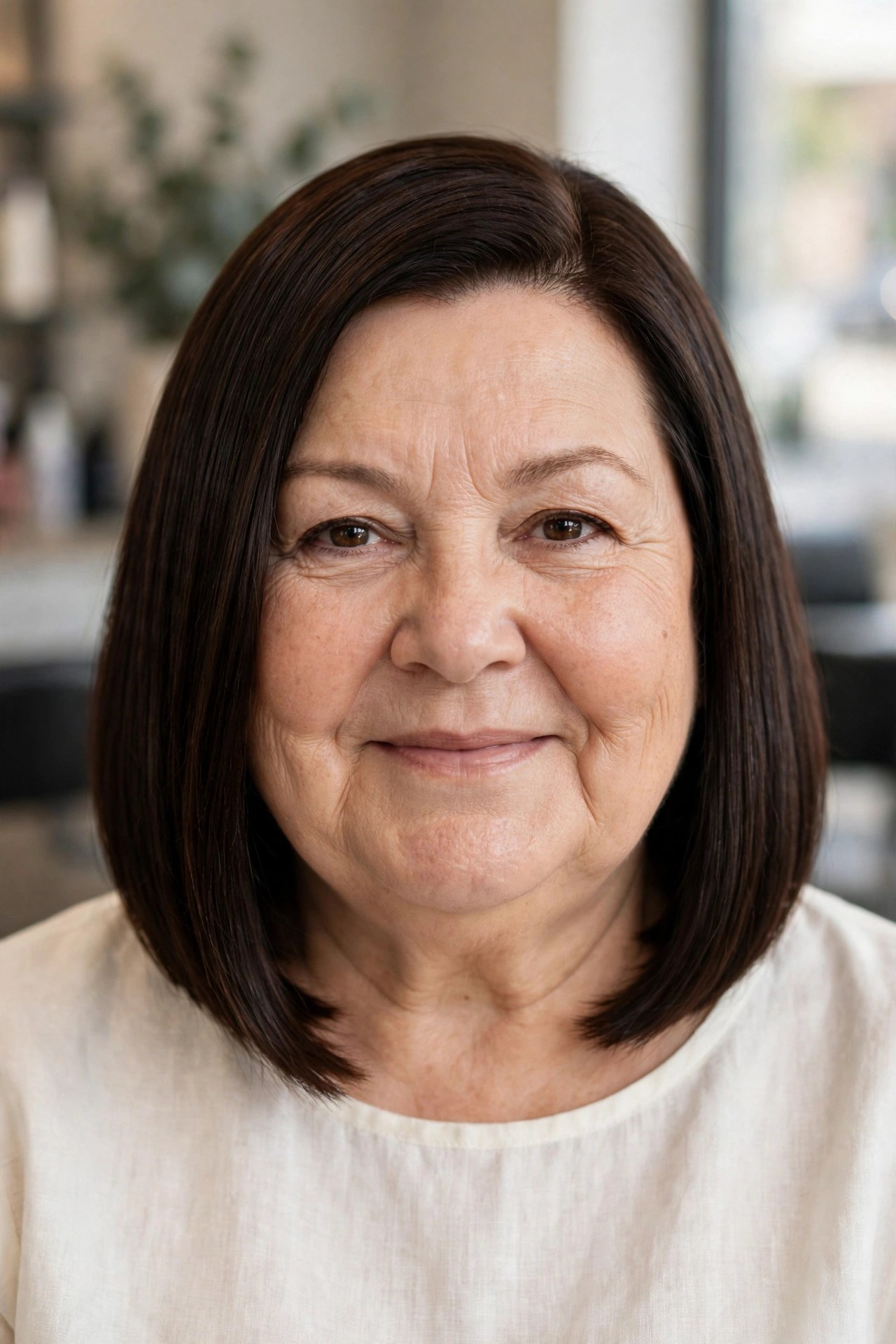 Sleek A-Line Long Bob - short haircut for a woman over 50 with a round face and double chin