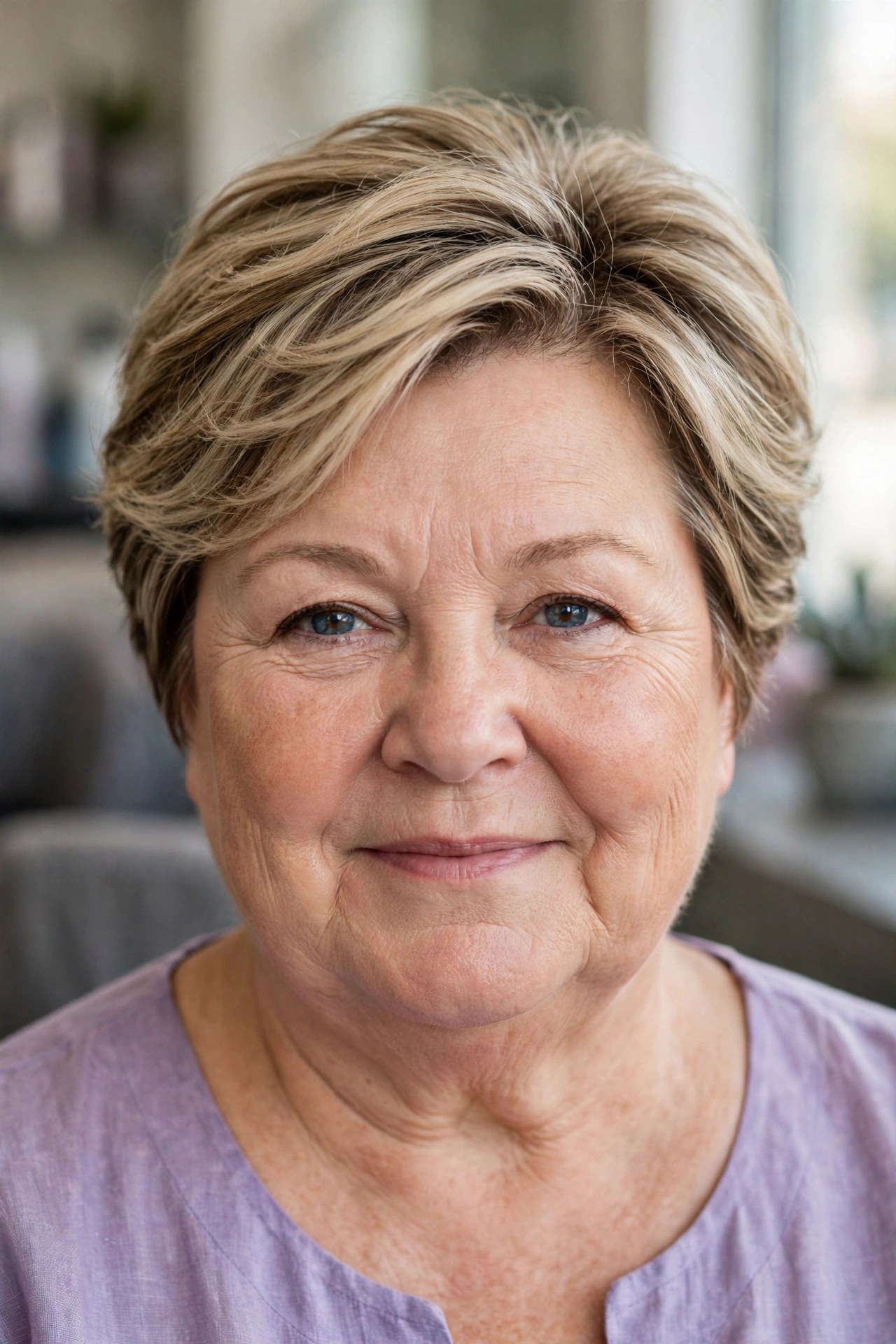 Feathered Layered Crop with a Side Part - short haircut for a woman over 50 with a round face and double chin