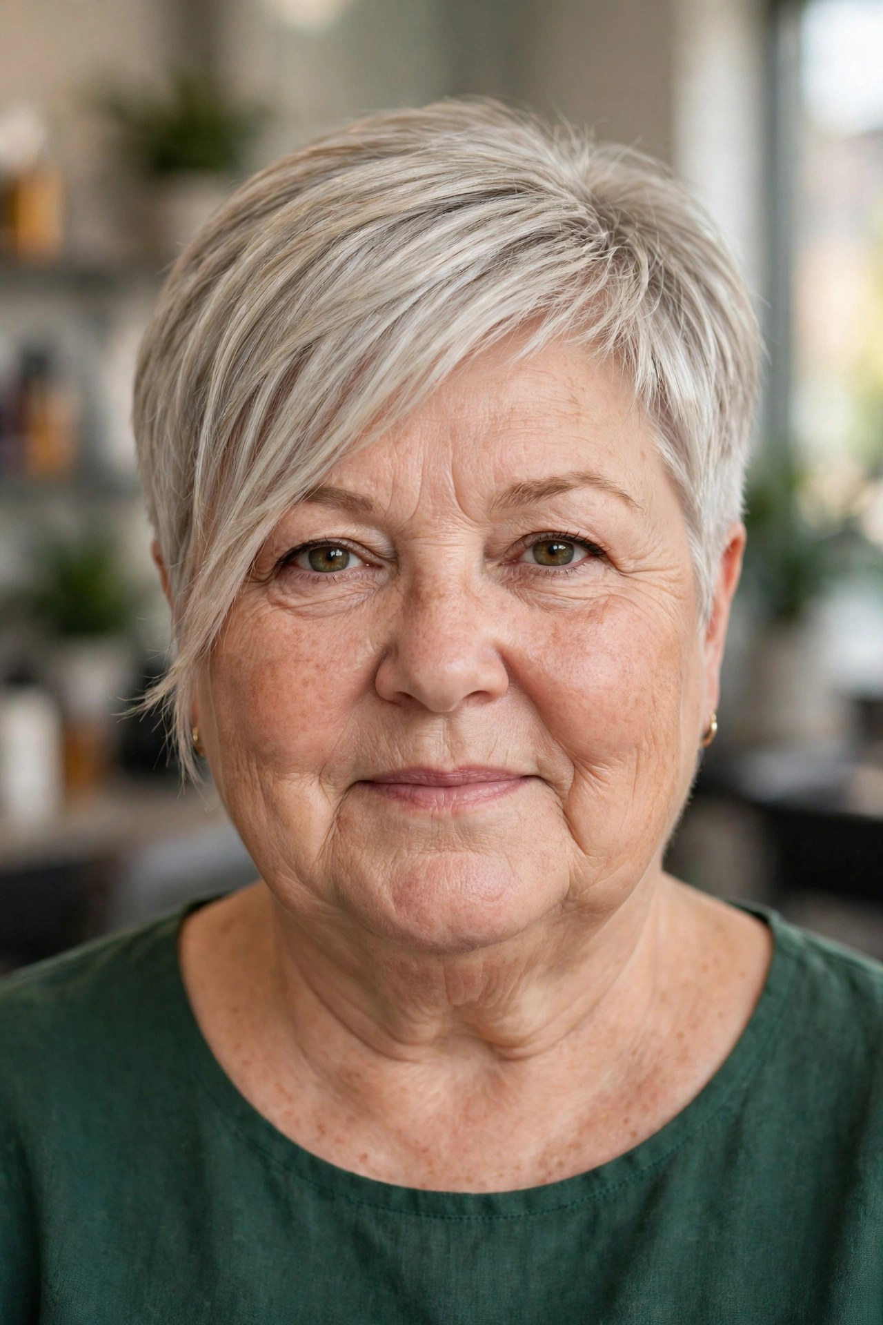 Pixie with a Clean Neckline and Long Front Pieces - short haircut for a woman over 50 with a round face and double chin