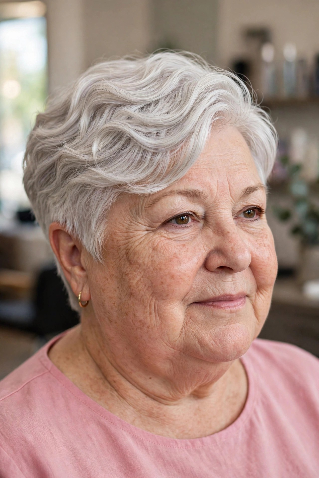 Soft Wavy Pixie with a Deep Side Sweep - short haircut for a woman over 50 with a round face and double chin