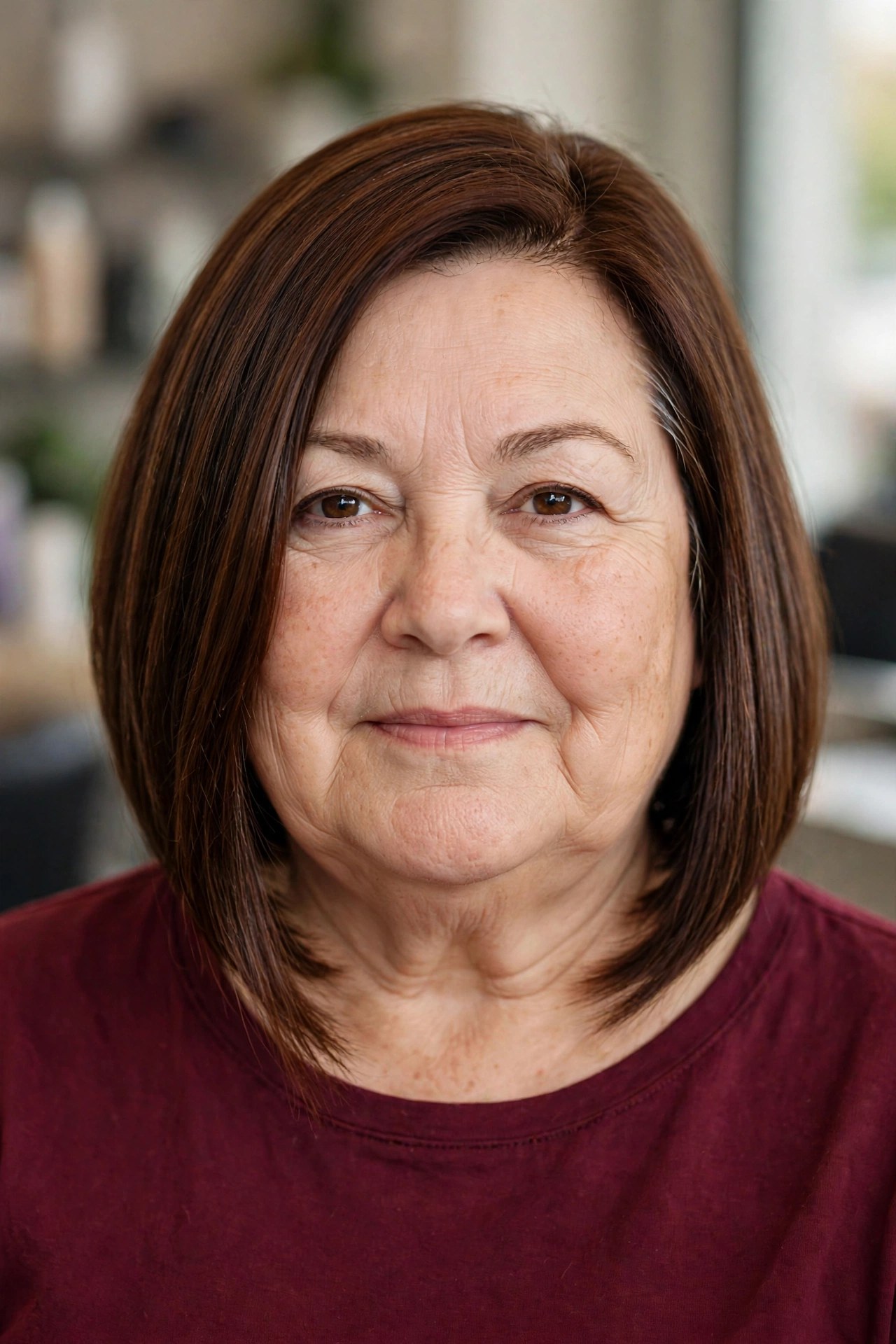 Angled A-Line Bob Below the Jaw - short haircut for a woman over 50 with a round face and double chin