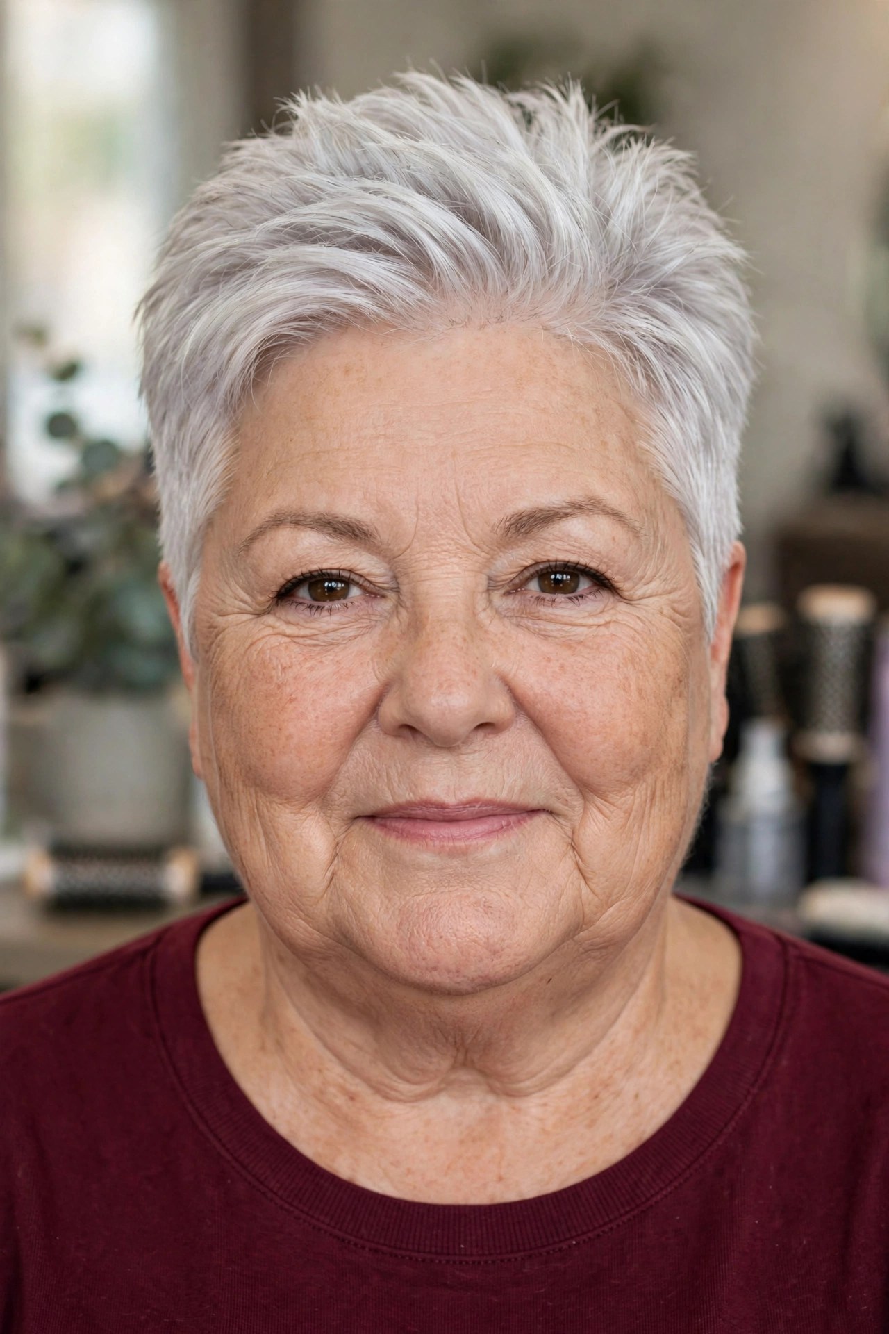 Brushed-Up Textured Pixie - short haircut for a woman over 50 with a round face and double chin