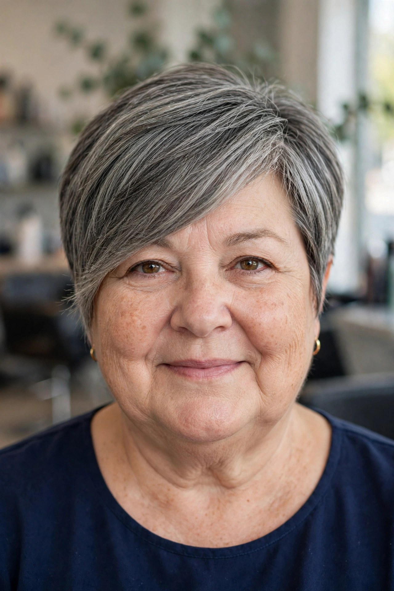 Side-Swept Long Pixie - short haircut for a woman over 50 with a round face and double chin