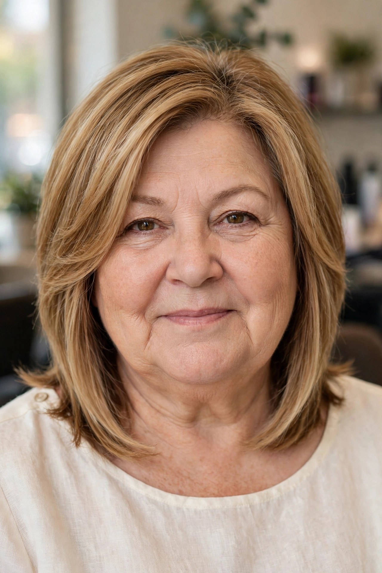 Layered Bob with Long Front Pieces - short haircut for a woman over 50 with a round face and double chin