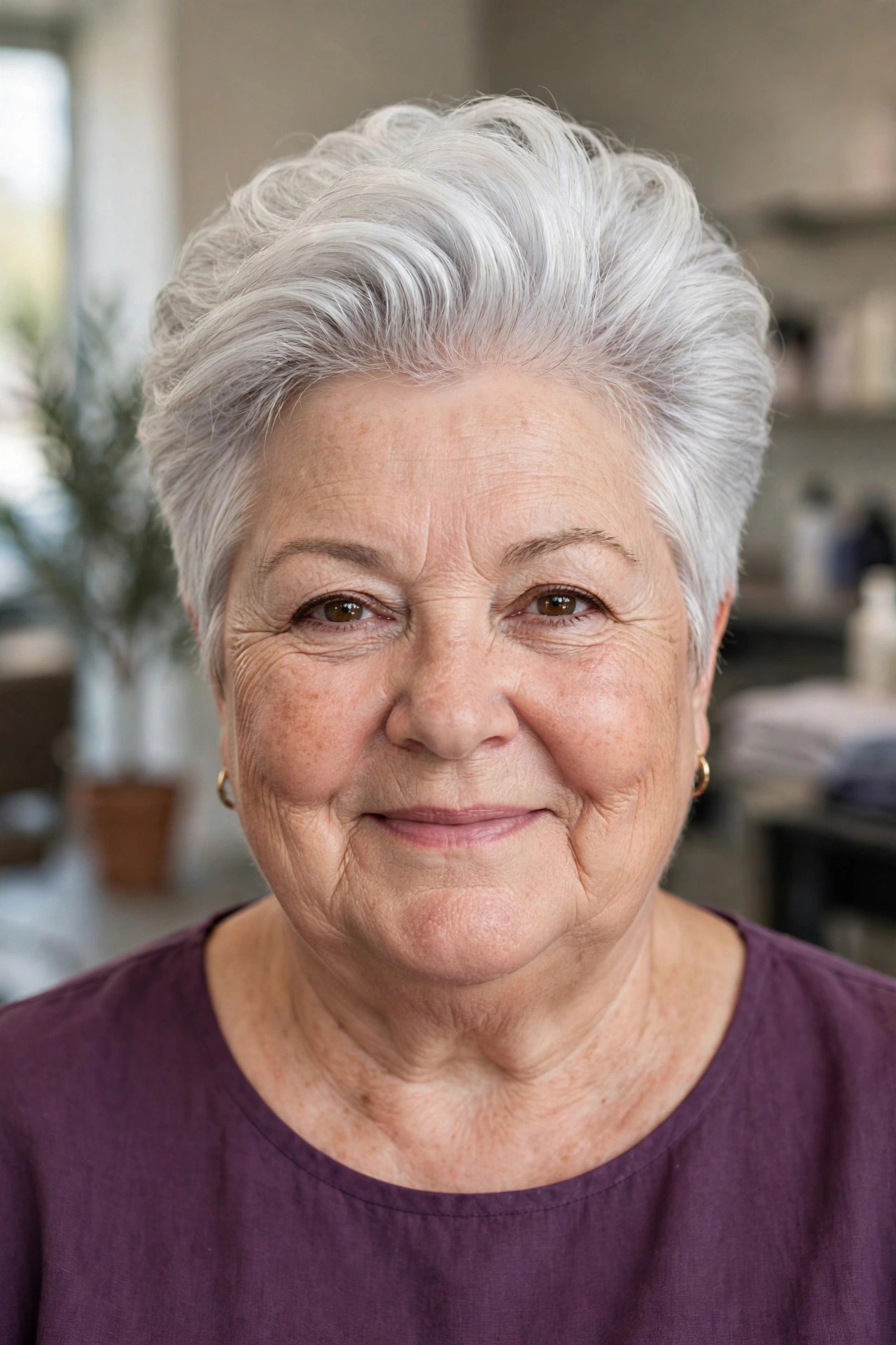 Brushed-Back Pixie with Crown Volume - short haircut for a woman over 50 with a round face and double chin