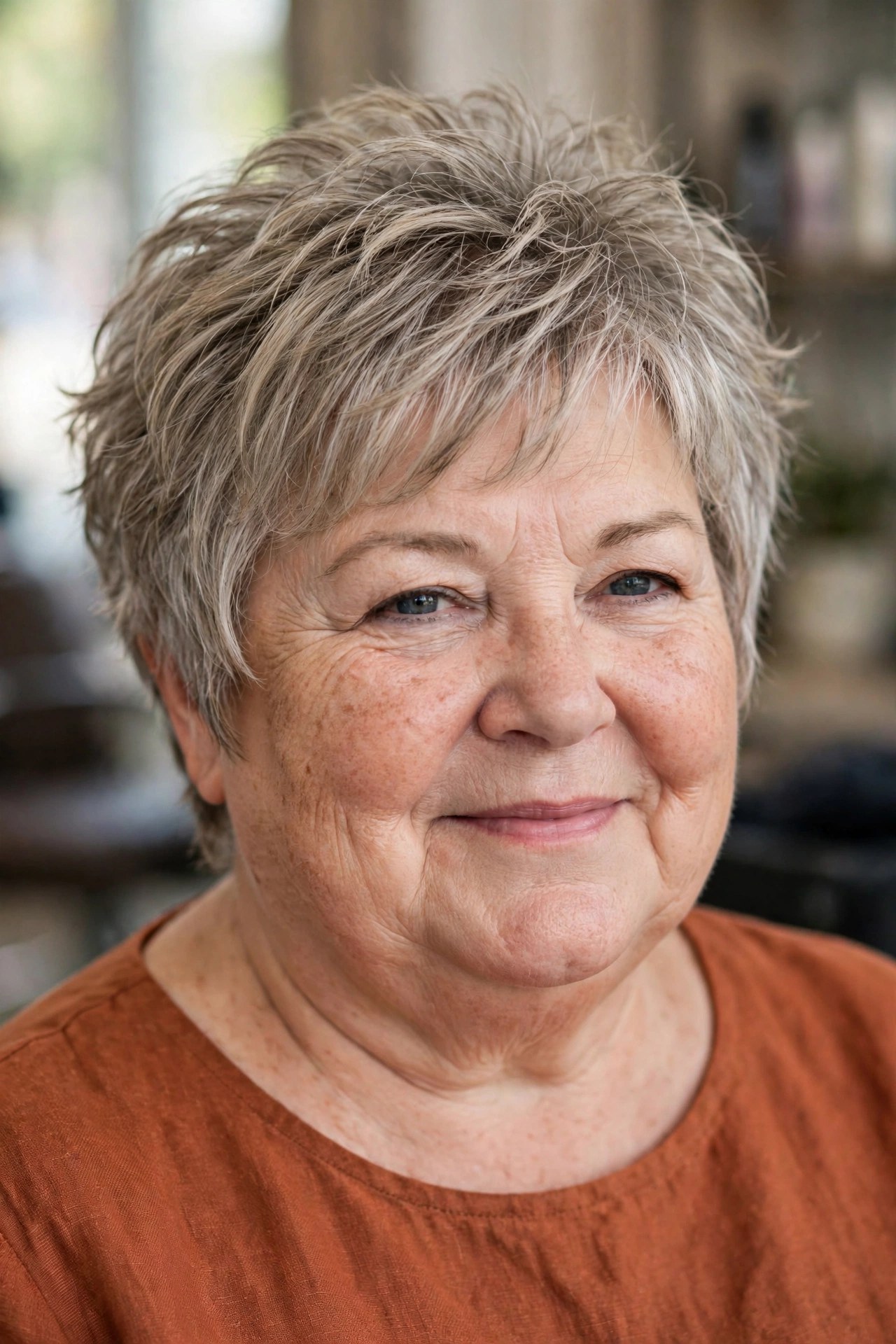 Short Textured Shag with Wispy Layers - short haircut for a woman over 50 with a round face and double chin
