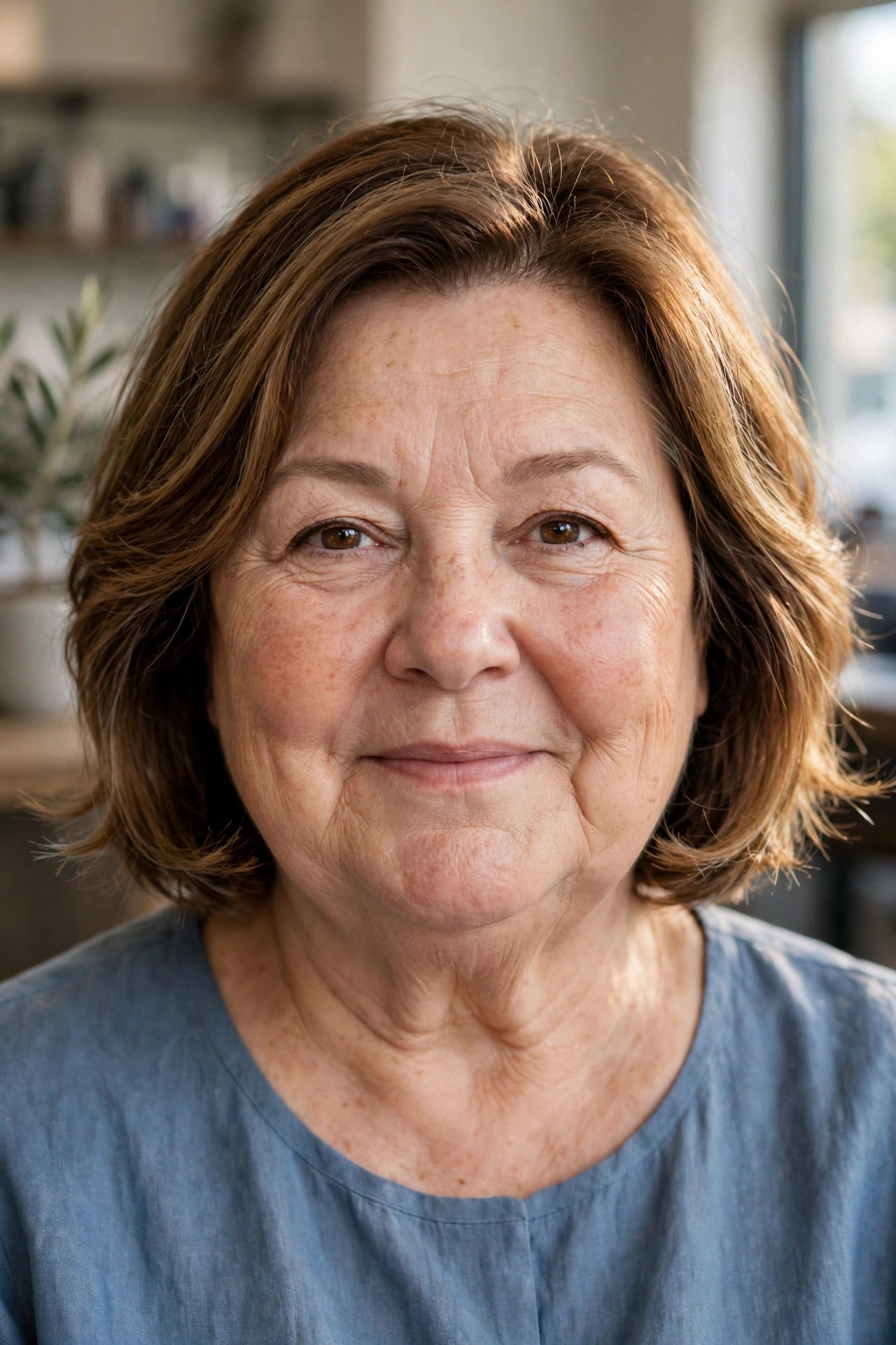Feathered Bob Ending Below the Jaw - short haircut for a woman over 50 with a round face and double chin