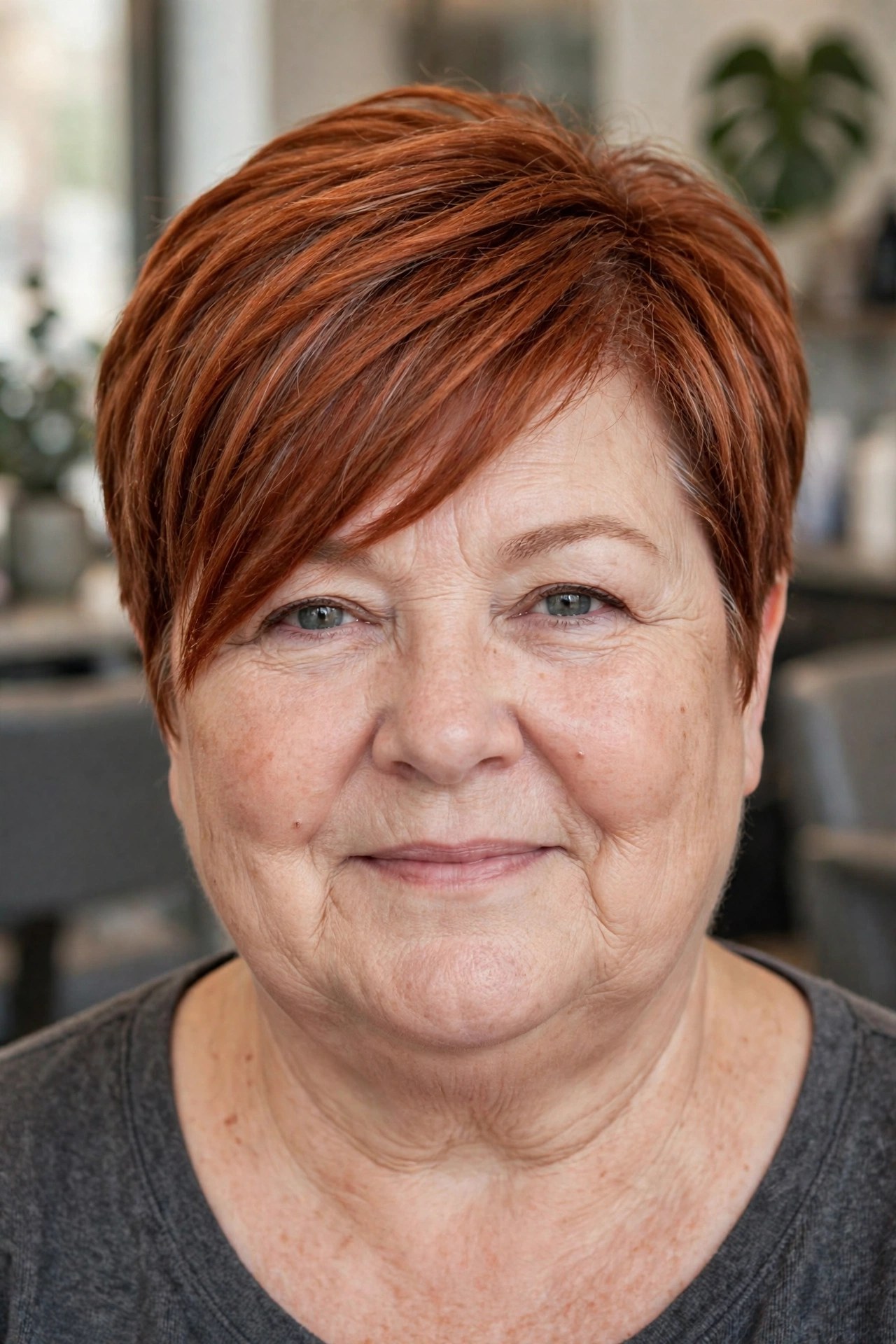 Copper Pixie with Long Side-Swept Bangs - short haircut for a woman over 50 with a round face and double chin