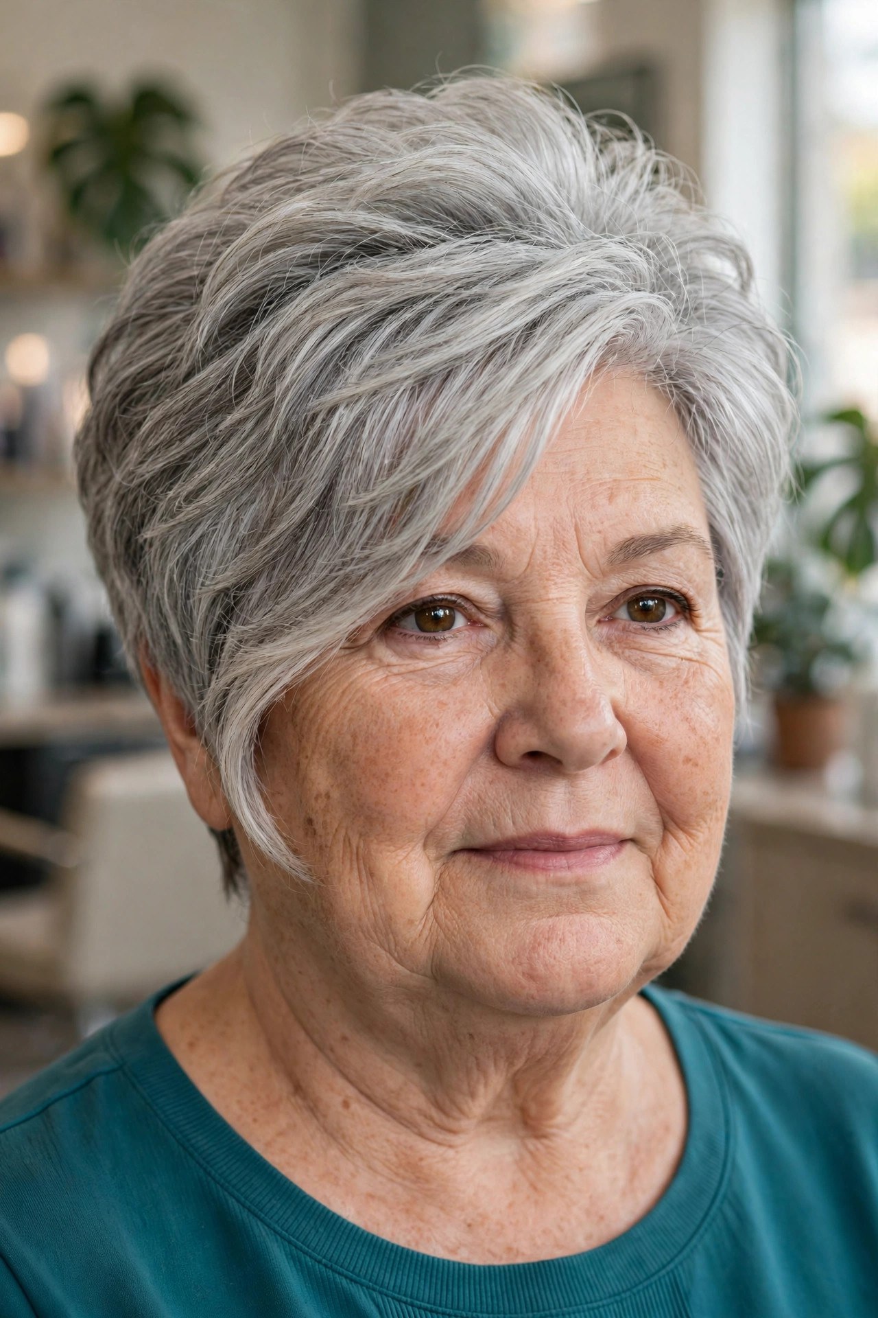 Side-Swept Pixie with Crown Height on a woman over 60 with a round face