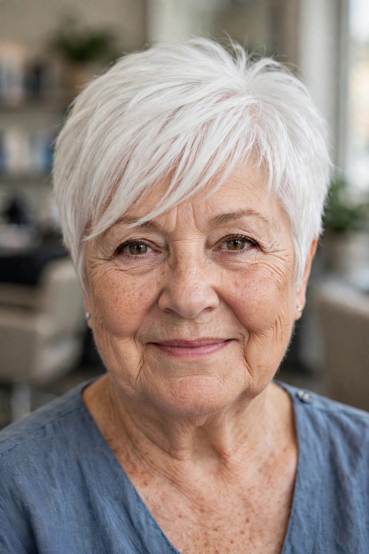 Wispy Pixie with Long Side-Swept Bangs on a woman over 60 with a round face