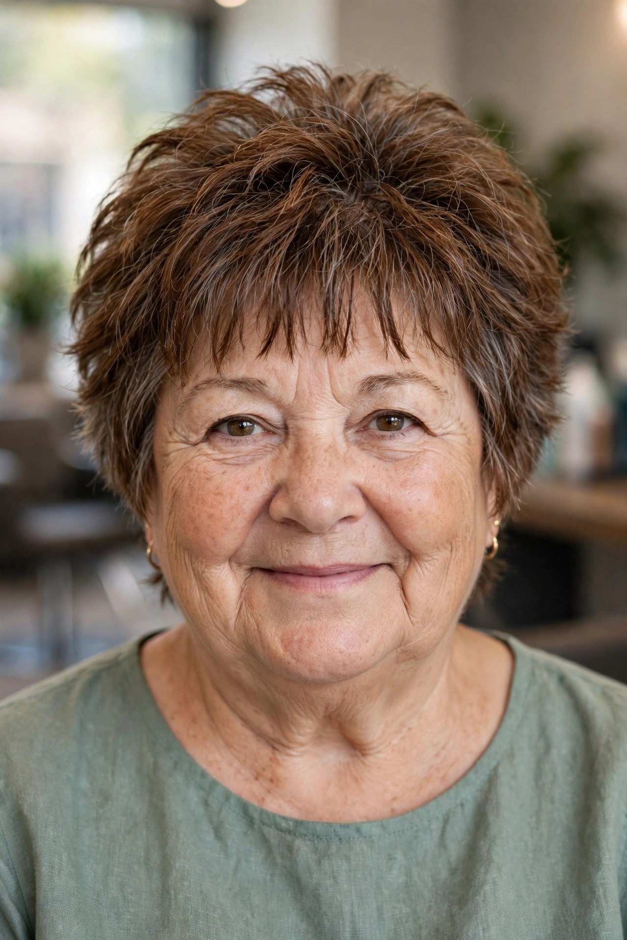 Short Shag with Crown Volume on a woman over 60 with a round face