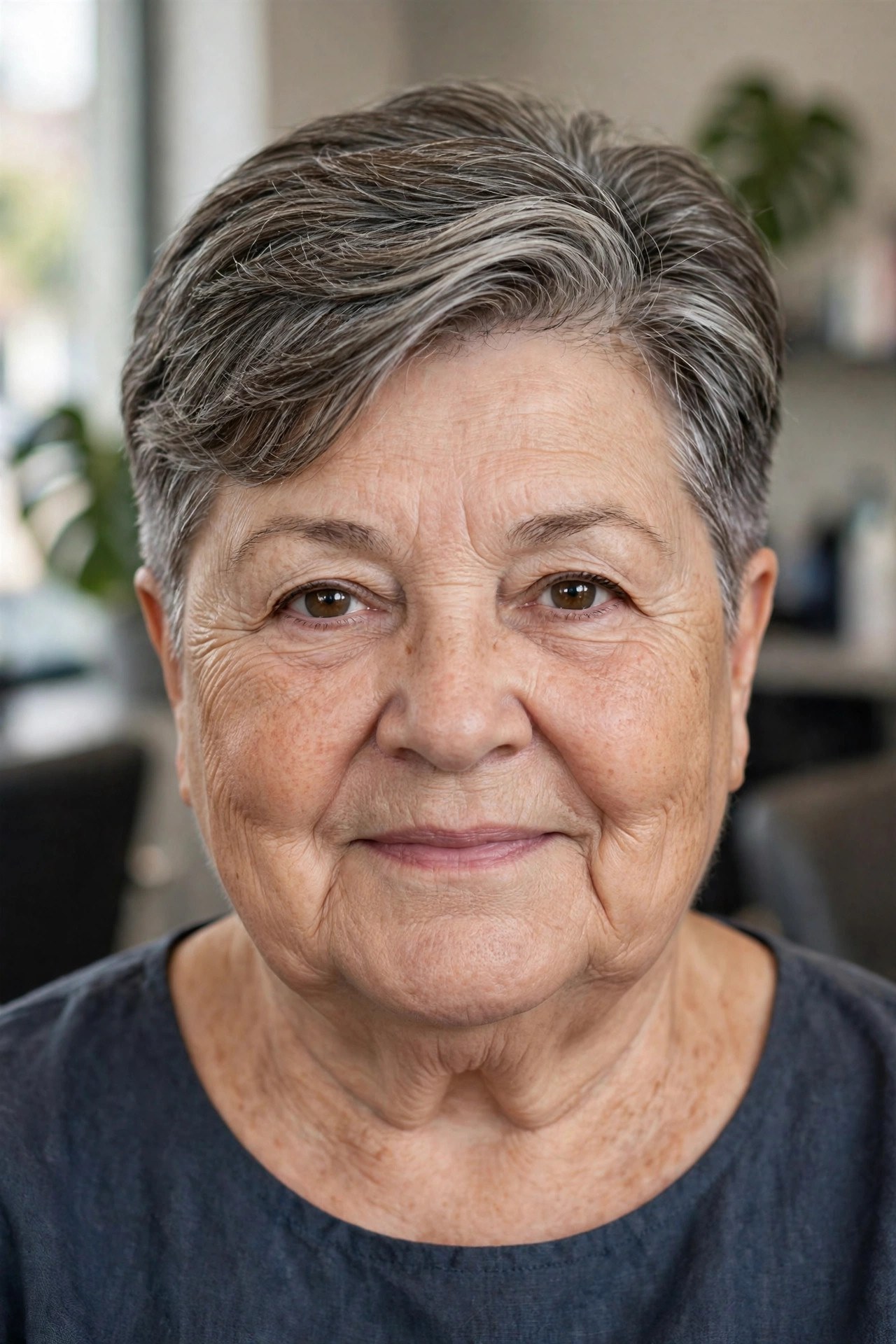 Tapered Cut with Longer Layers on Top on a woman over 60 with a round face