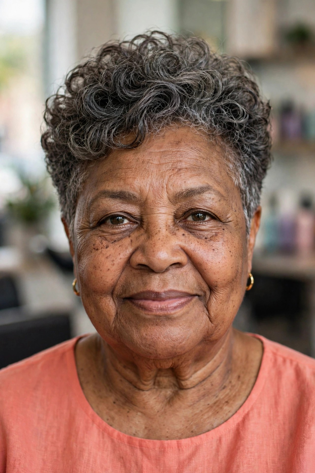 Curly Pixie with Height at the Crown on a woman over 60 with a round face