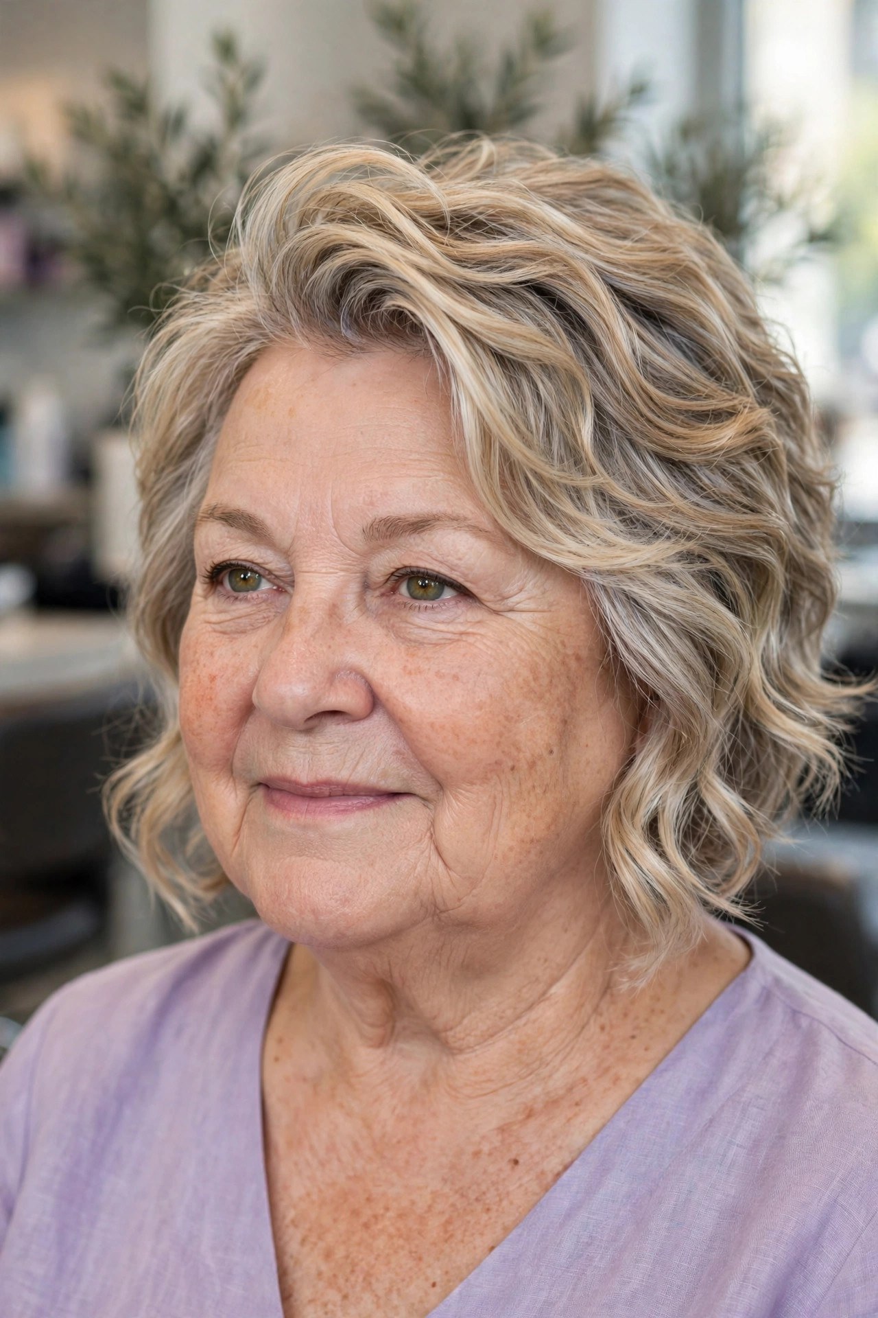 Wavy Angled Bob with a Lifted Crown on a woman over 60 with a round face
