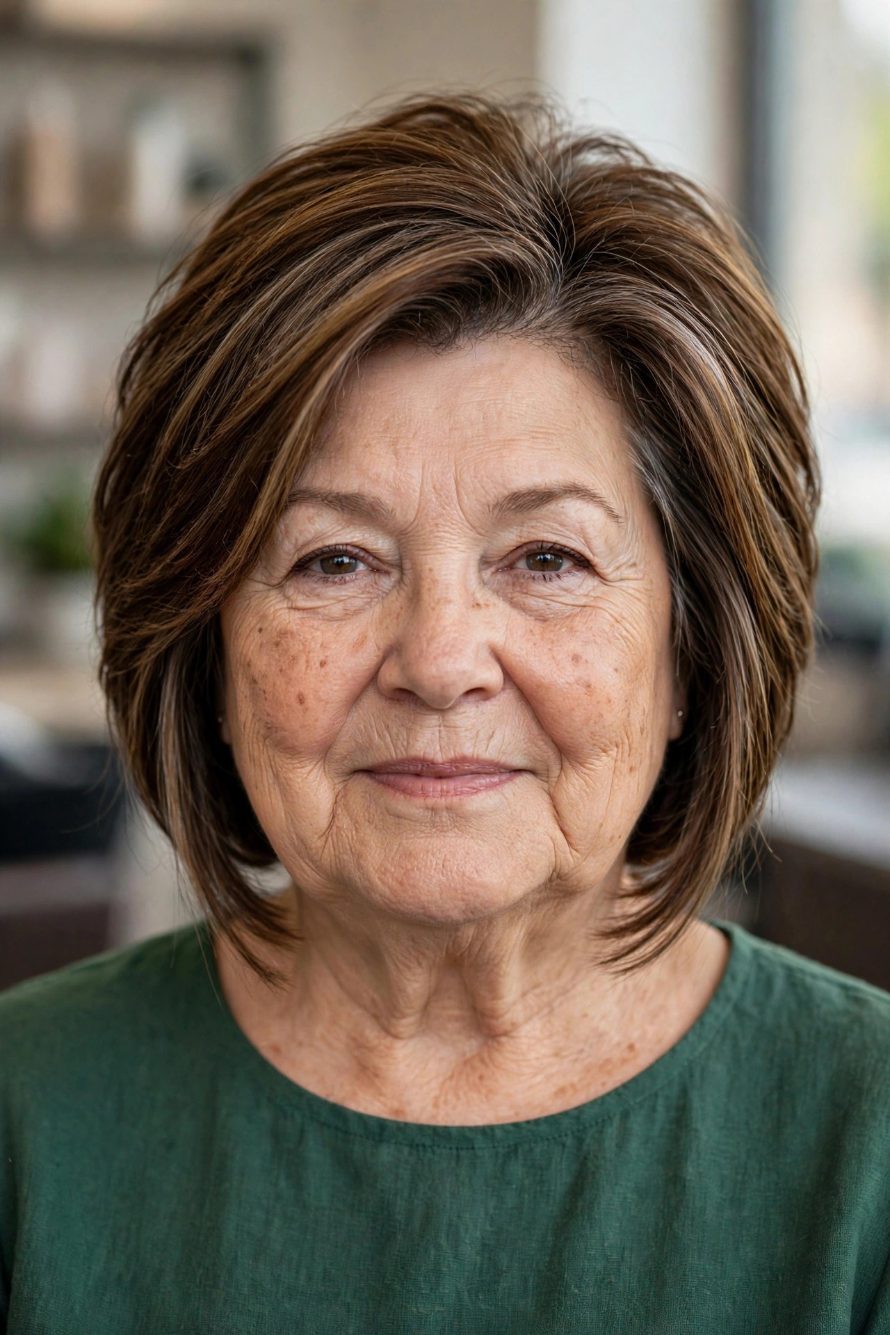 Short Layered Bob with Strands Past the Jaw on a woman over 60 with a round face