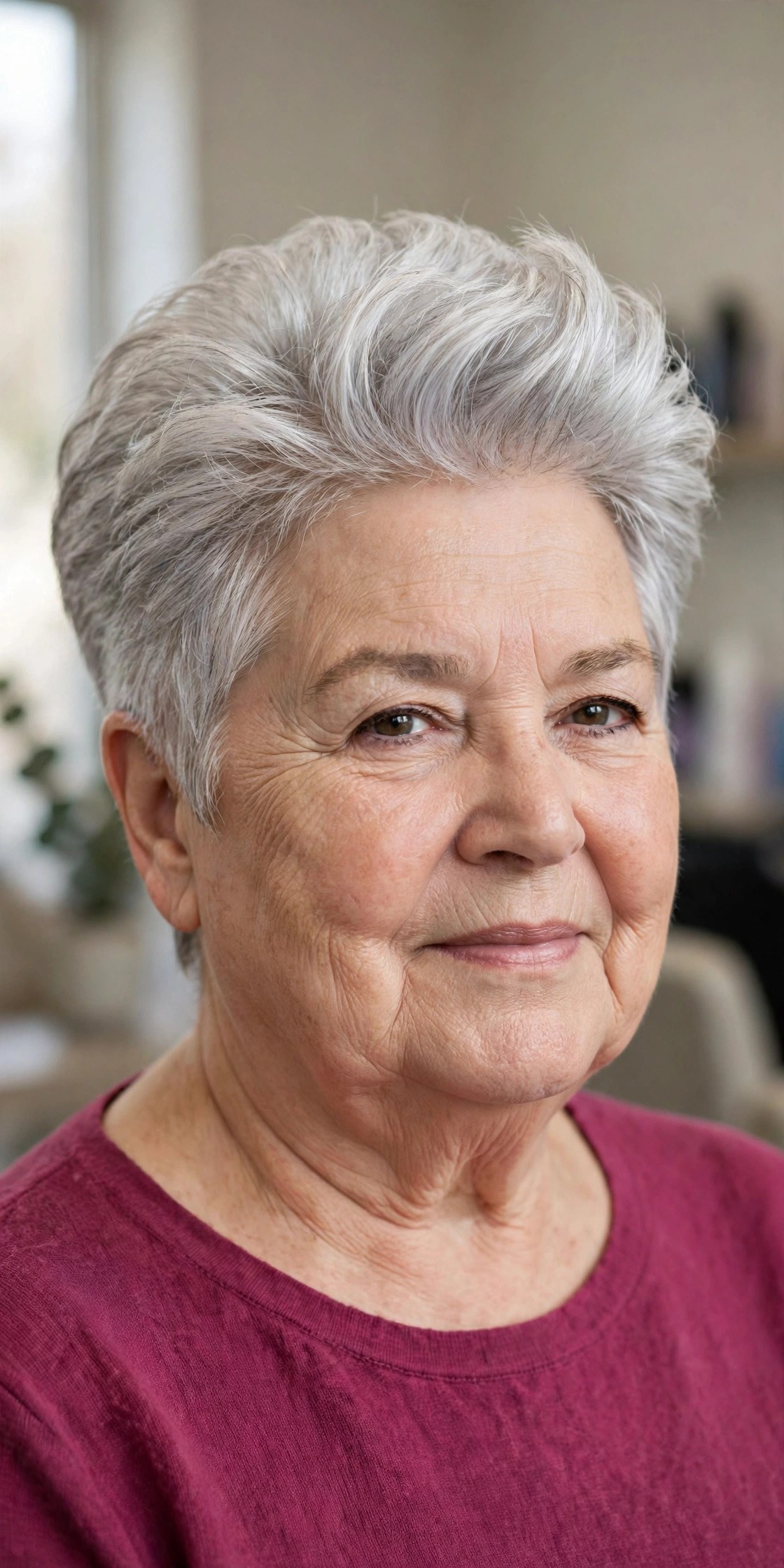 Voluminous Pixie with a Lifted Quiff Top on a woman over 60 with a round face