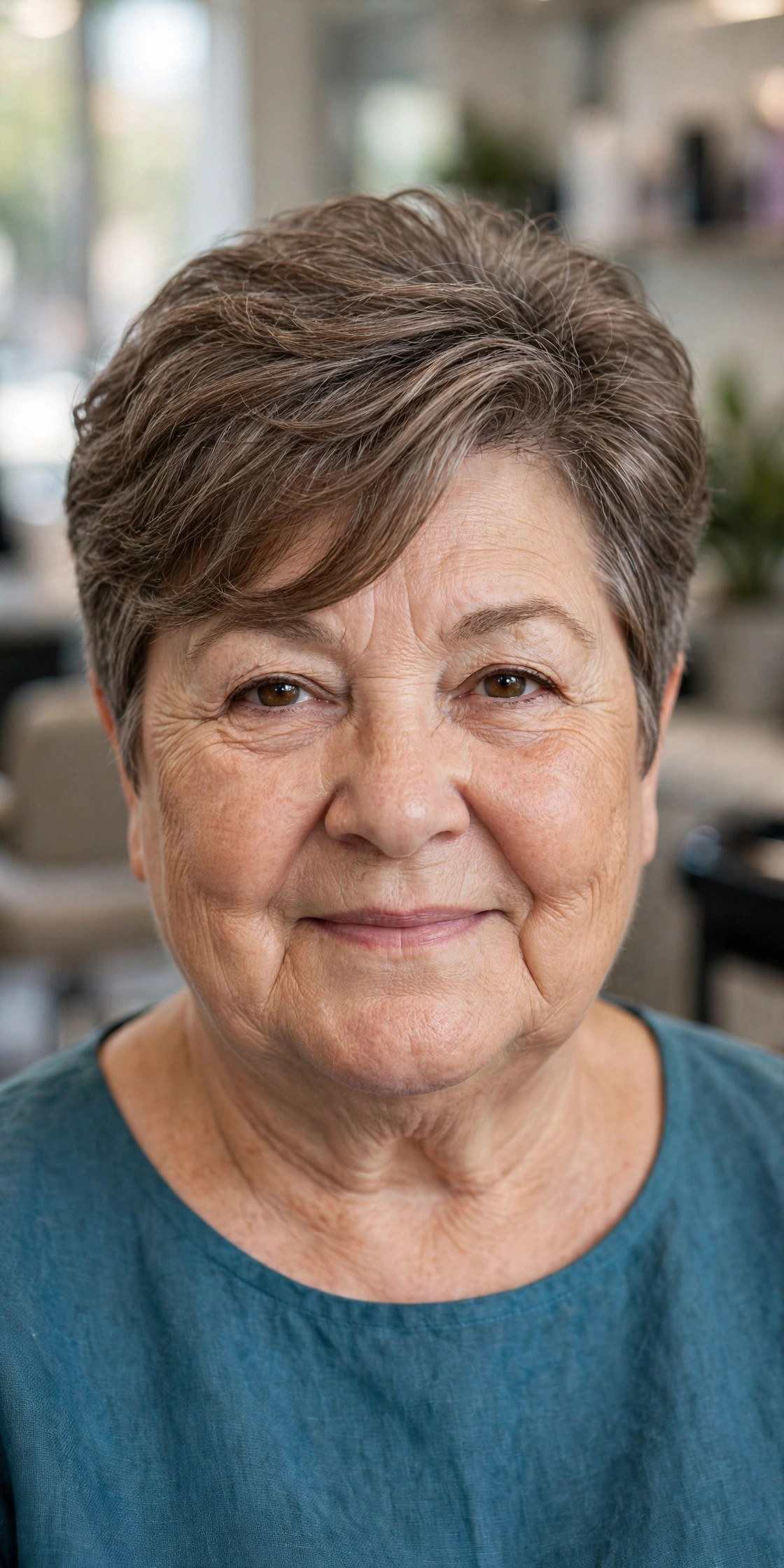 Soft Textured Crop with a Side Sweep on a woman over 60 with a round face