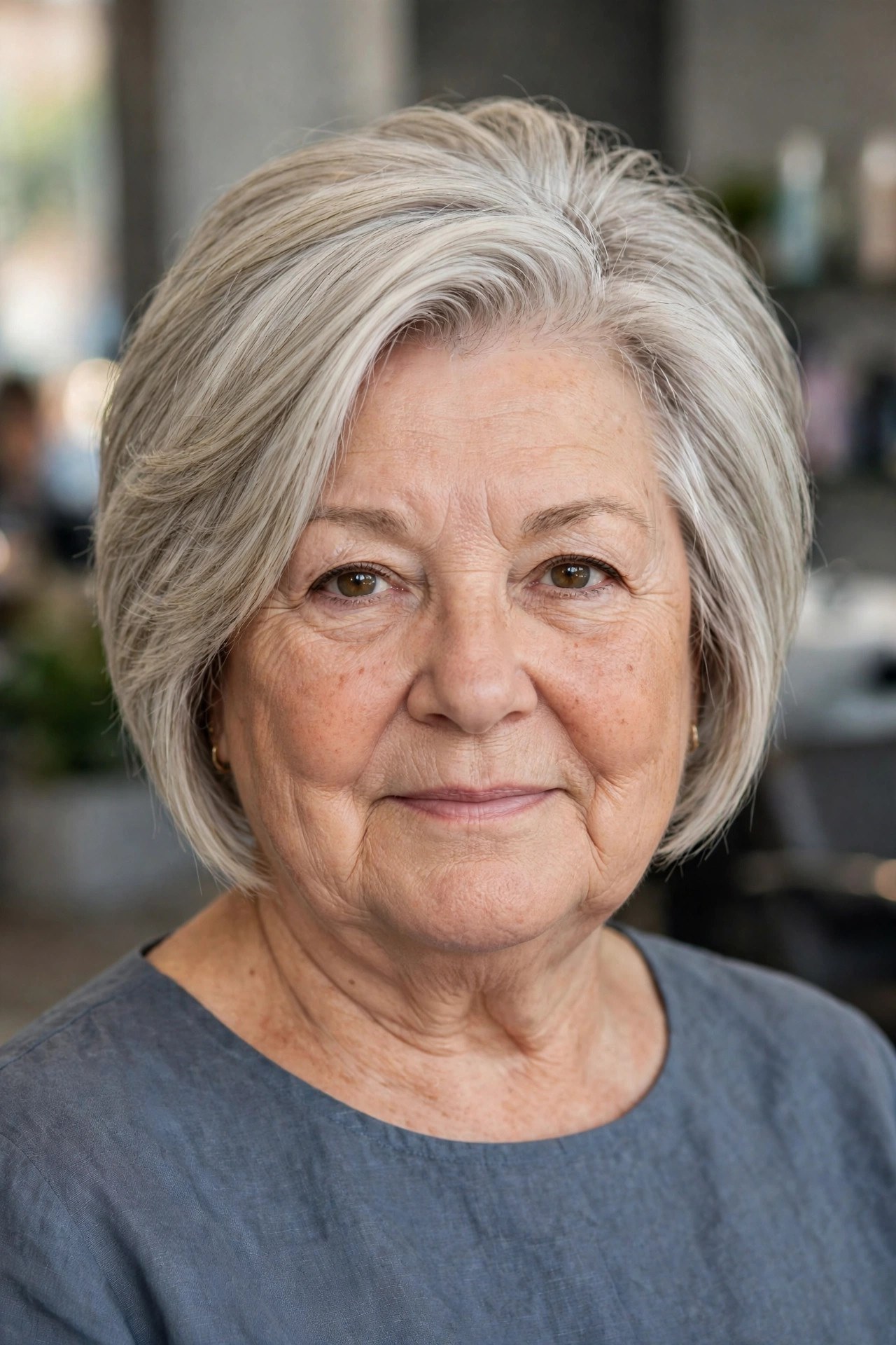 Short Angled Bob with a Clean Tapered Nape on a woman over 60 with a round face