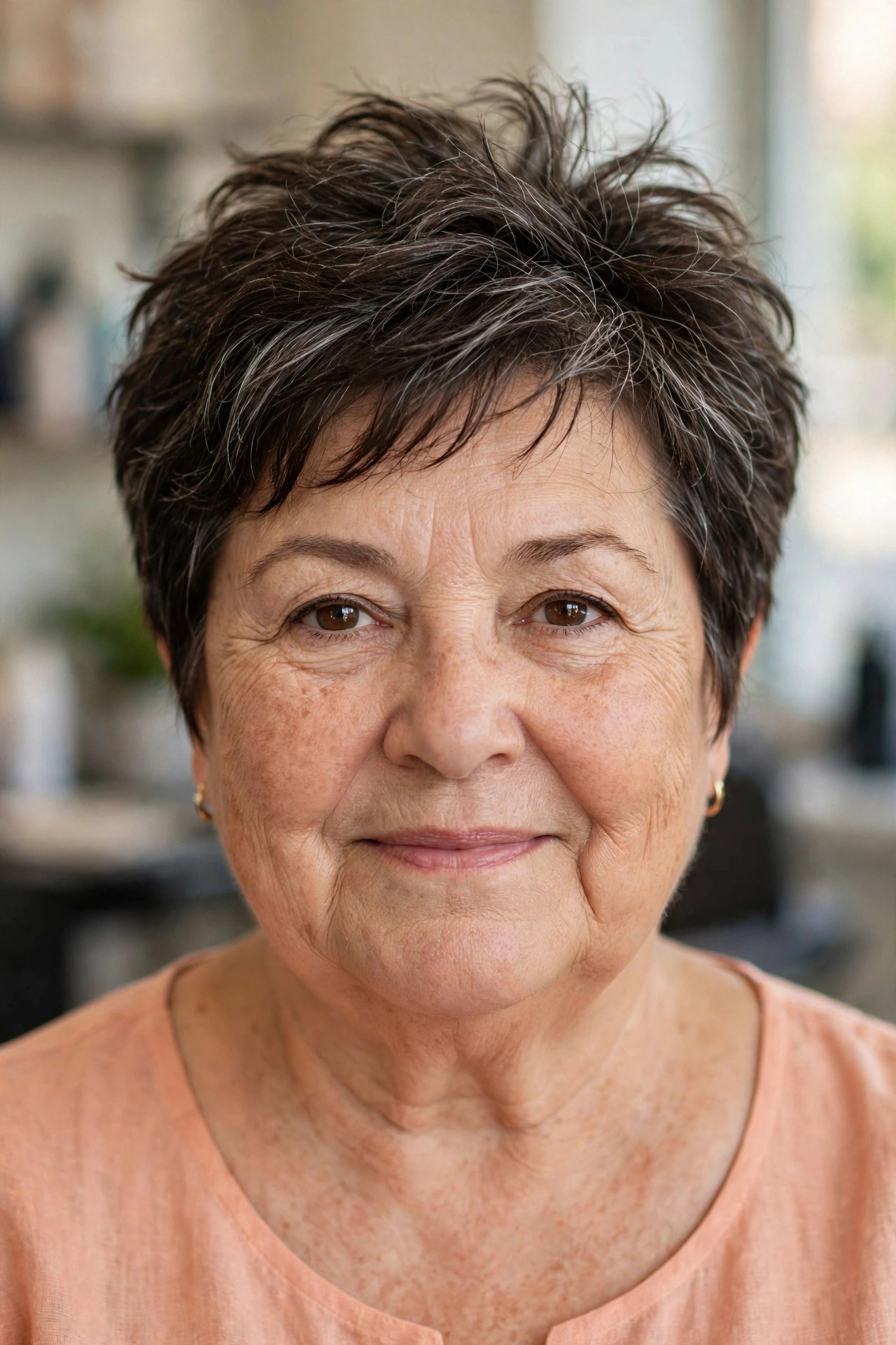 Tousled Pixie with Piecey Texture on Top on a woman over 60 with a round face