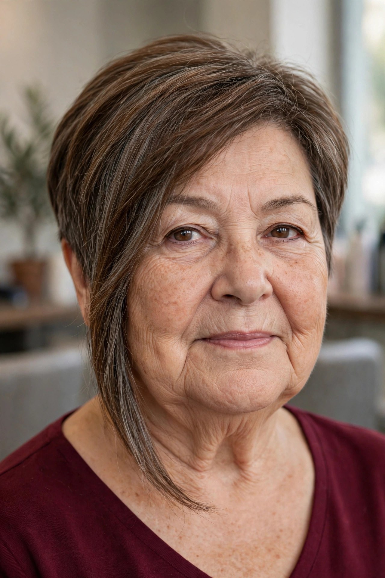 Asymmetric Long Pixie with a Tapered Nape on a woman over 60 with a round face