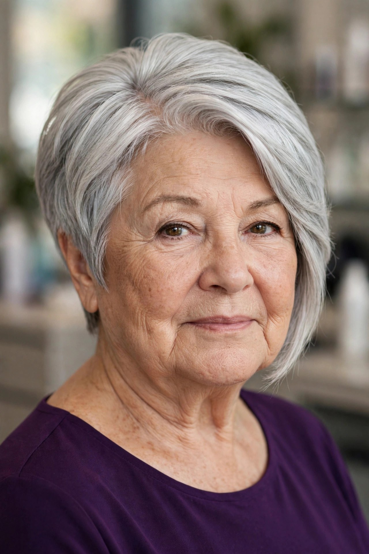 Elegant Silver Pixie Bob with a Deep Side Part on a woman over 60 with a round face