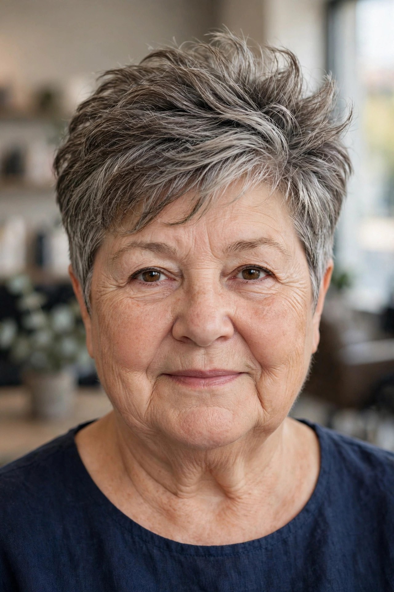 Textured Pixie with a Voluminous Fringe on a woman over 60 with a round face