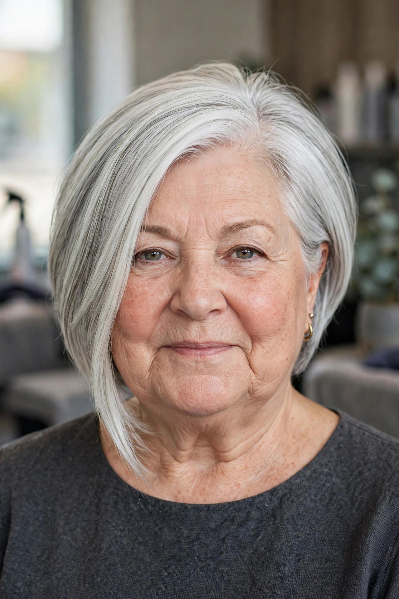 Angled Bob That Ends Below the Chin on a woman over 60 with a round face