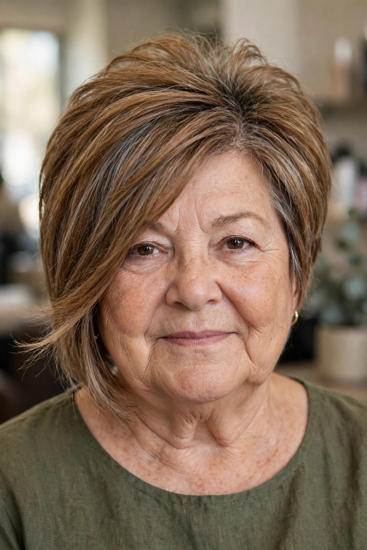 Layered Pixie Bob with a Deep Side Part on a woman over 60 with a round face