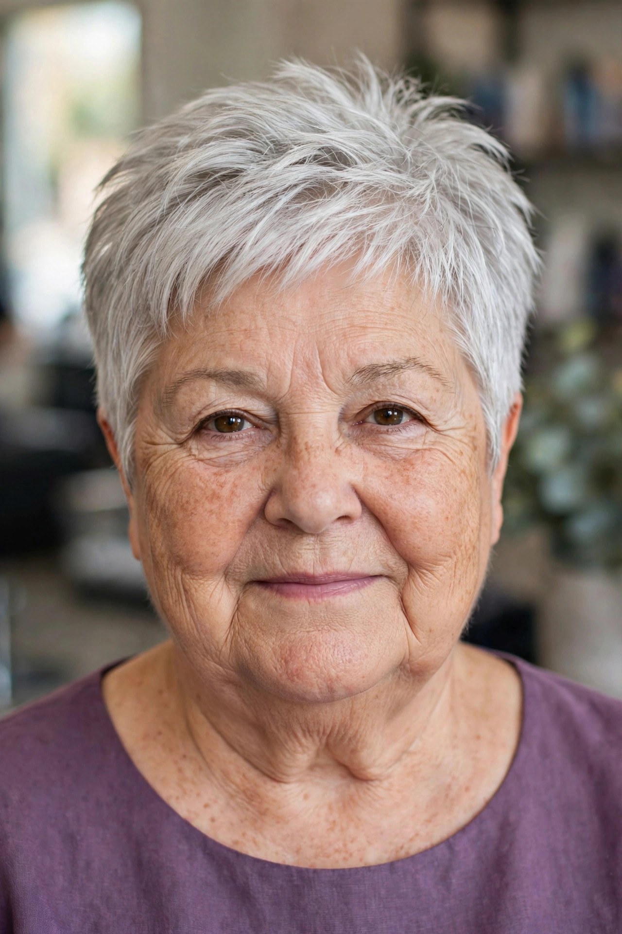Choppy Pixie with Lifted Roots on a woman over 60 with a round face