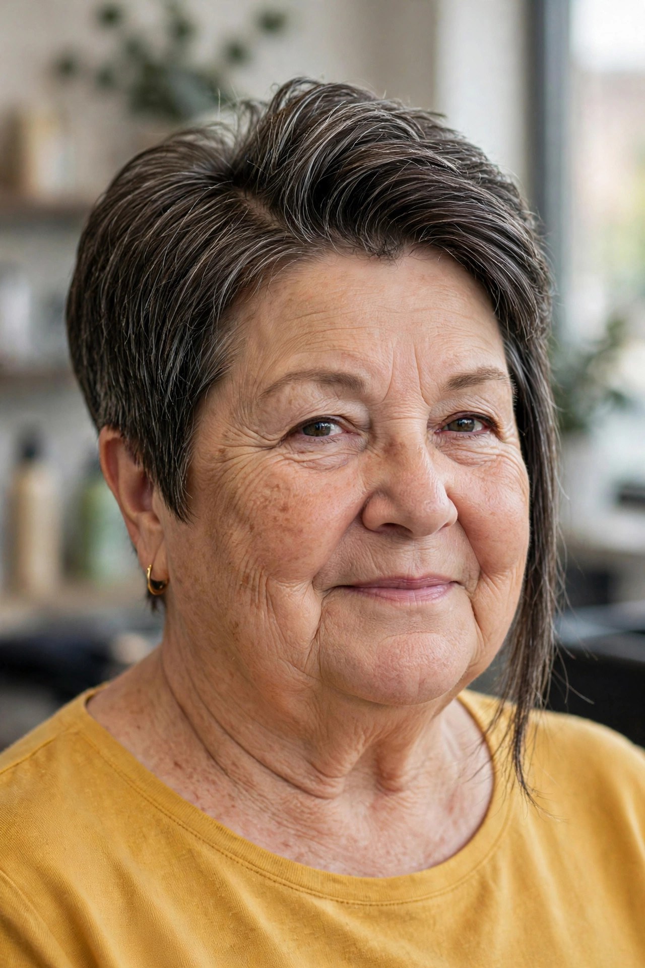Pixie Bob with One Long Front Piece on a woman over 60 with a round face