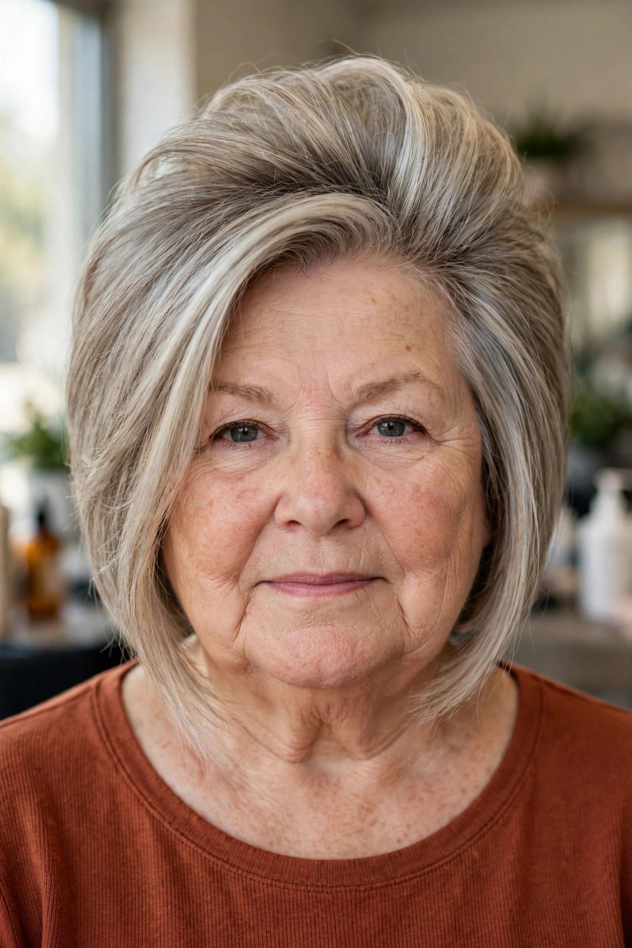 Graduated Bob with a Stacked, Lifted Back on a woman over 60 with a round face