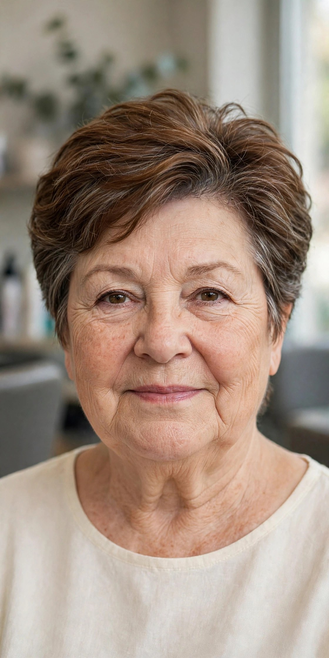 Feathered Short Cut with Height on Top on a woman over 60 with a round face