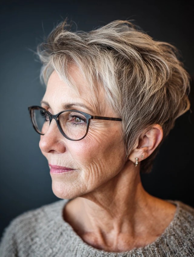 side view of a woman over 70 with a side-swept ash pixie cut wearing glasses