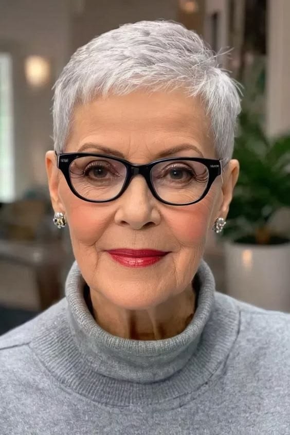 woman over 70 with a white pixie and soft fringe wearing cat-eye glasses