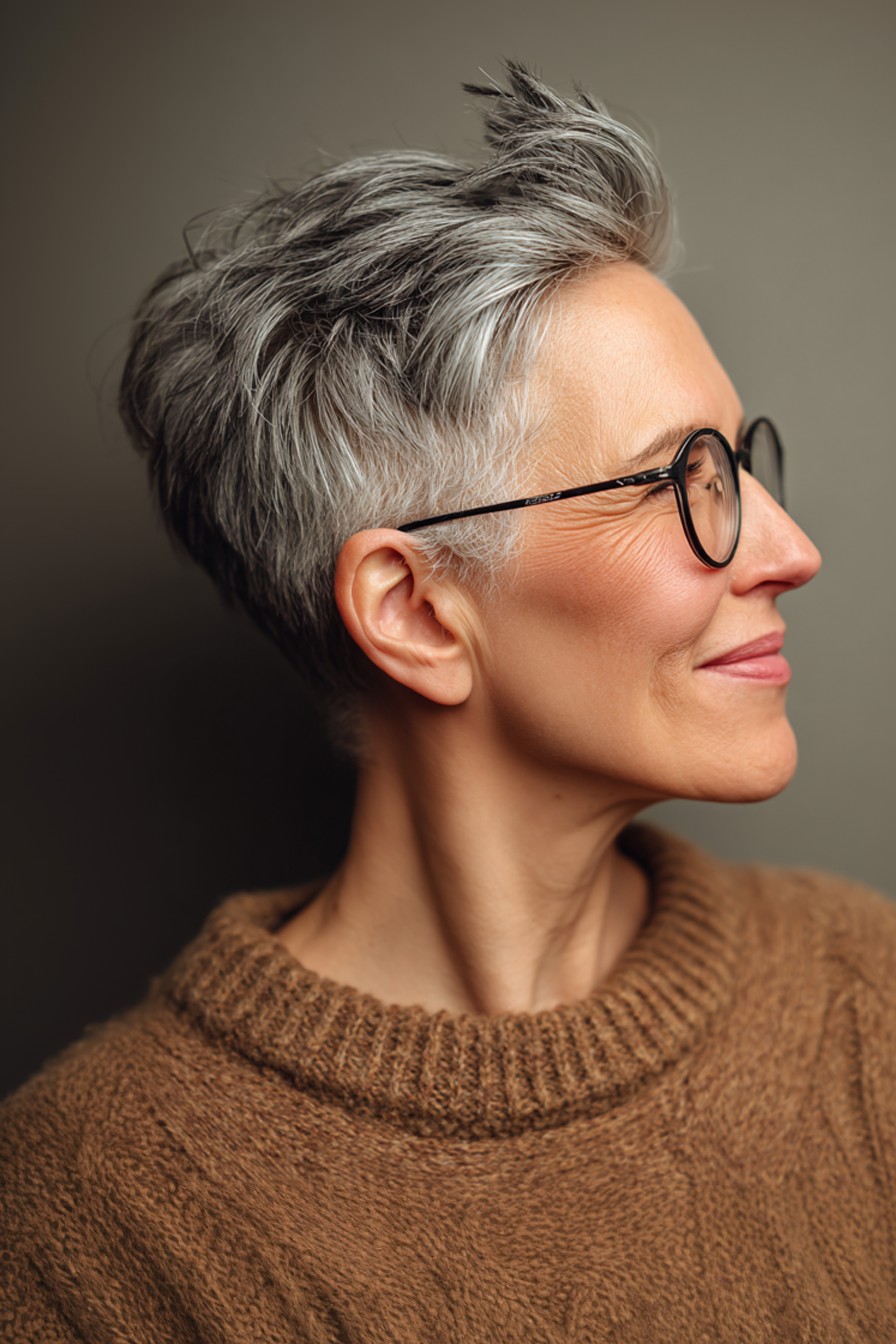 profile of a woman over 70 with a tapered salt-and-pepper pixie cut wearing glasses