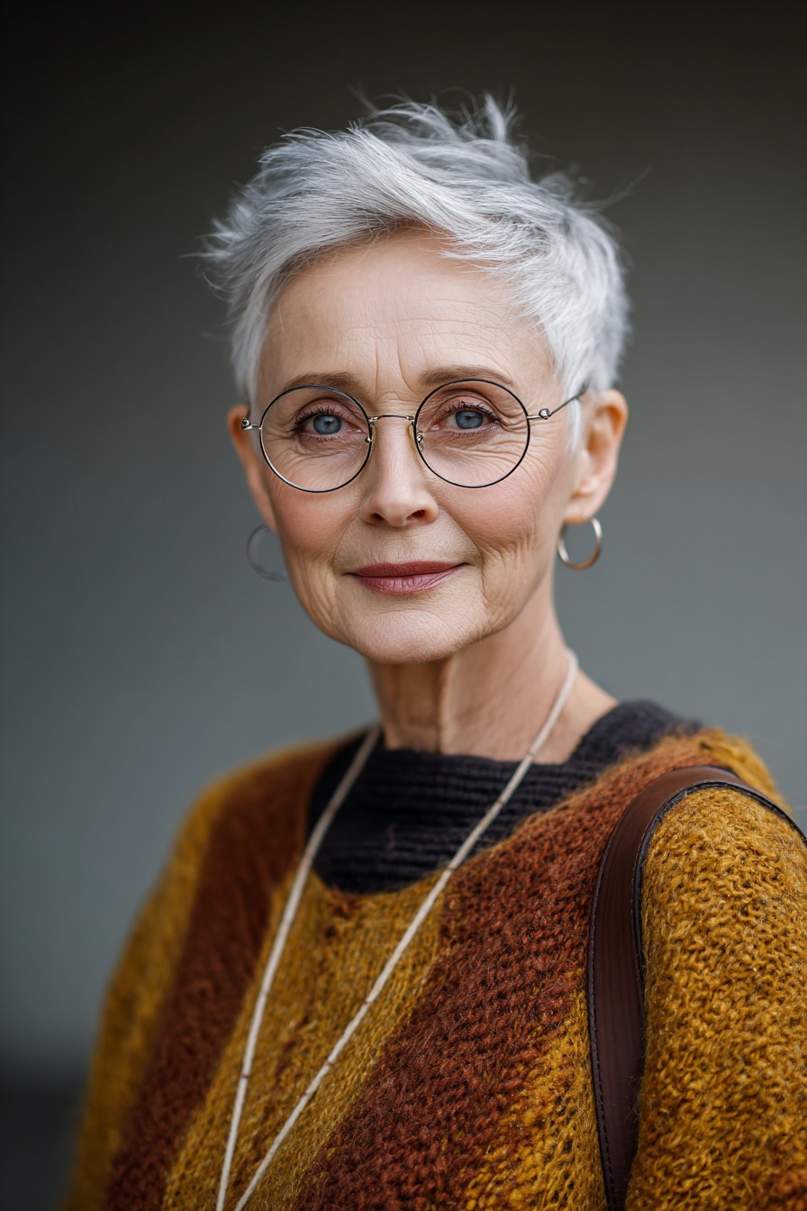 woman over 70 with a silver buzz pixie cut wearing round wire glasses