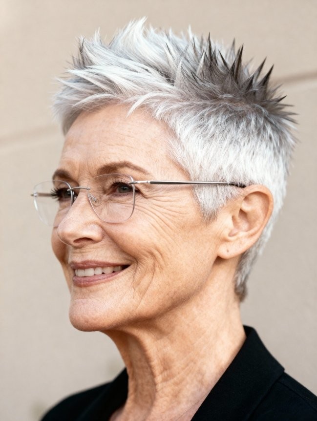 profile of a woman over 70 with a spiky white pixie cut wearing rimless glasses