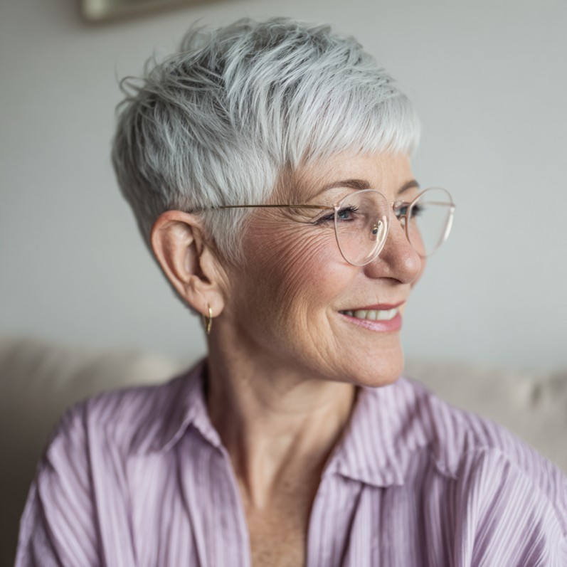 profile of a smiling woman over 70 with a short silver crop wearing wire glasses