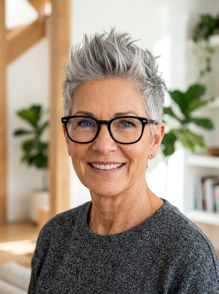woman over 70 with a salt-and-pepper spiky pixie cut wearing black glasses